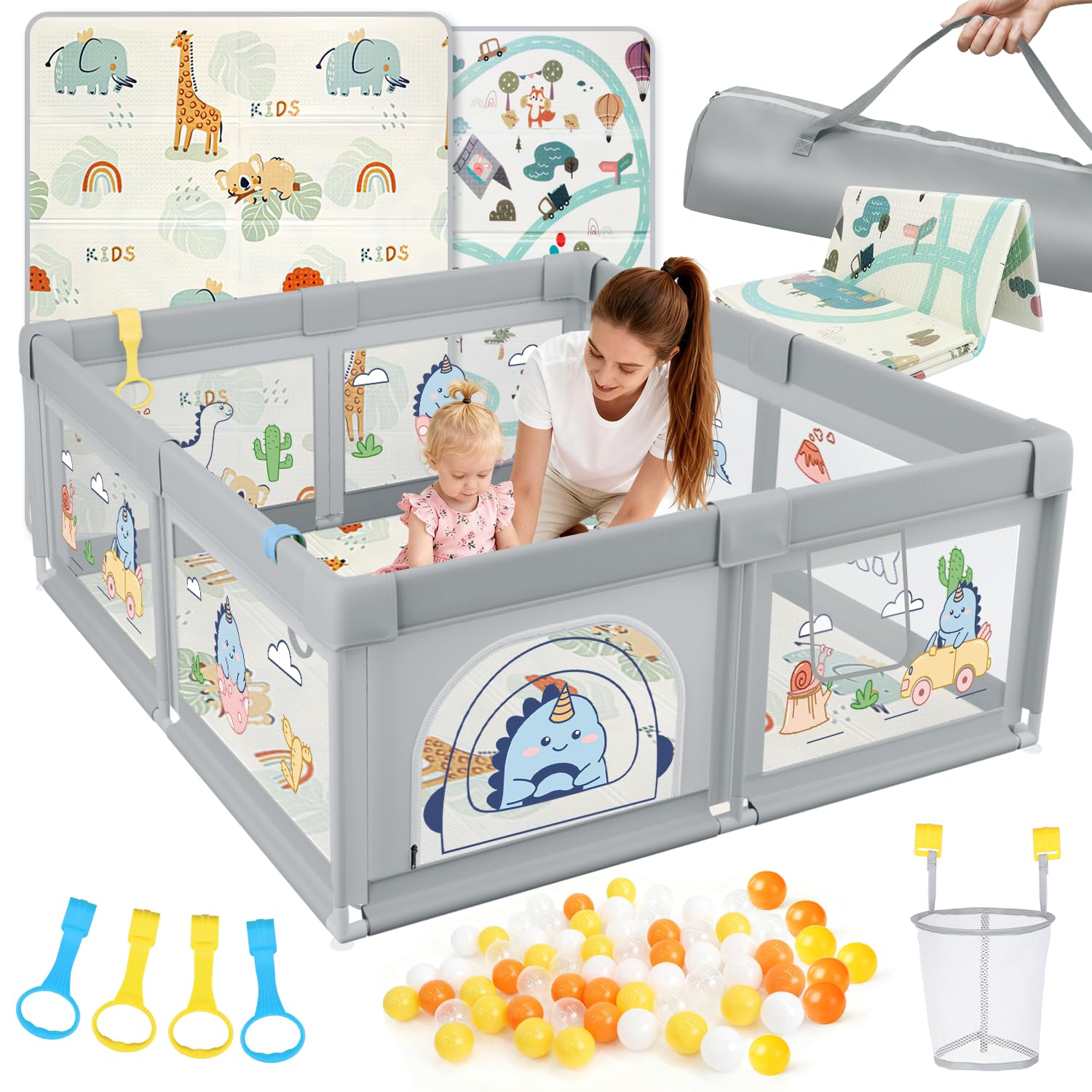 SPYLAVE Laufstall Baby 150x180cm mit Matratze, XL Laufgitter Baby mit Rutschfestem Boden & Atmungsaktivem Netz, 210D Oxford Gewebe, Stabiler & Sicherer Babyspielplatz, Playpen, 60 Bällen, 4 Griffe