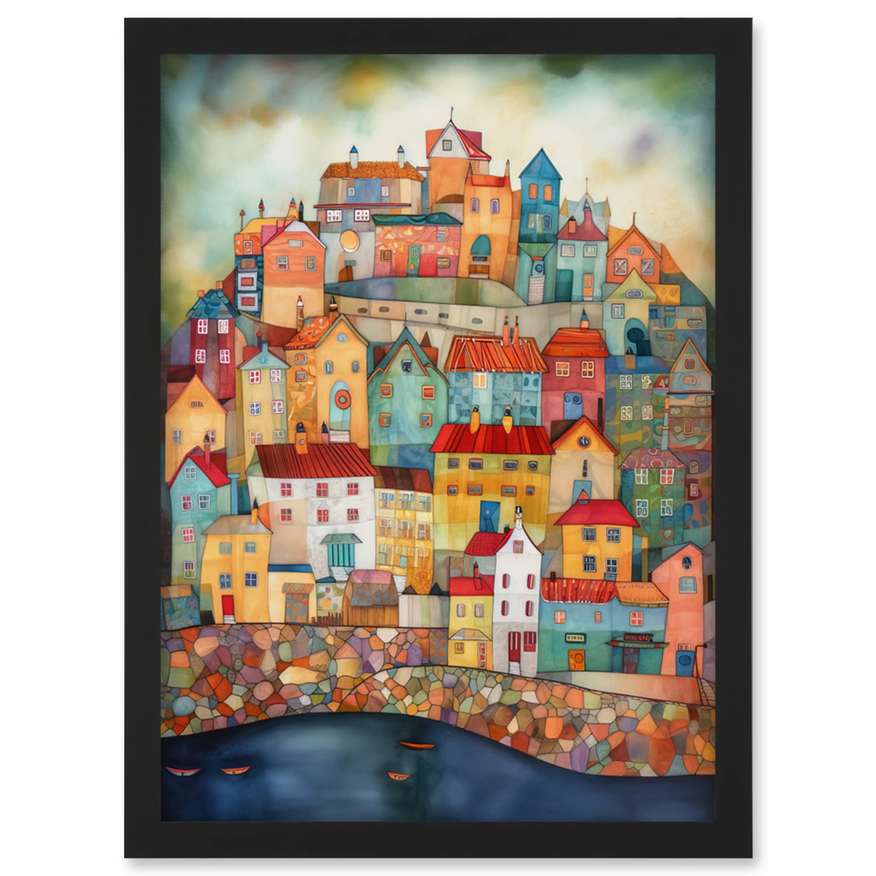 Artery8 Home By The Sea Folk Art Artwork Framed Wall Art Print A4