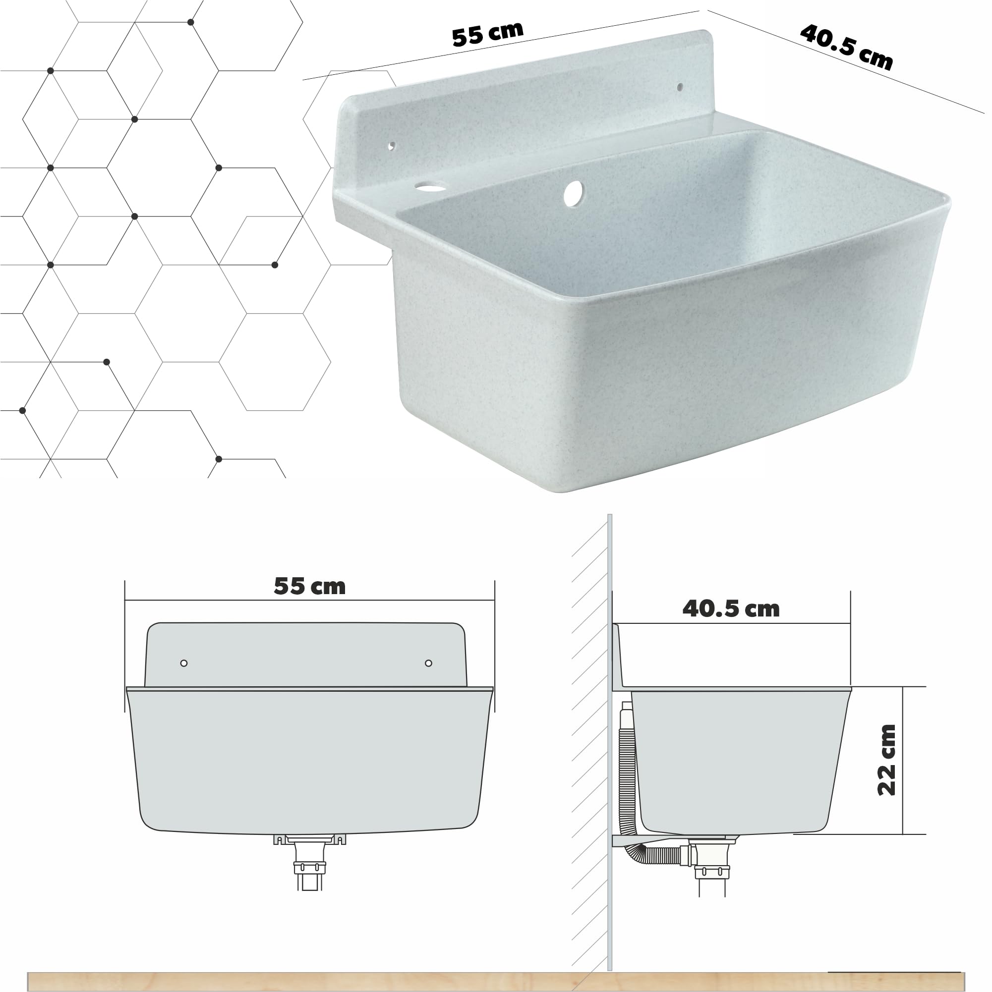 KADAX gospo Lavabo de jardin, 55 x 42 x 22,5 cm, en polystyrène de qualité supérieure, avec technologie Easy-Clean, pour le jardin, blanc, batterie élastique