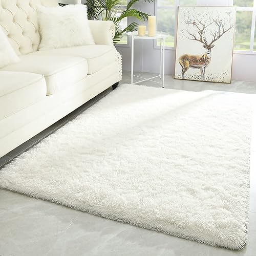 Merelax Modern Soft Fluffy Large Shaggy Rug for Bedroom Livingroom Dorm Kids Room Indoor Home Decorative, Non-Slip Plush Furry Fur Area Rugs Comfy Nursery Accent Floor Carpet 4'x5.9' Ivory