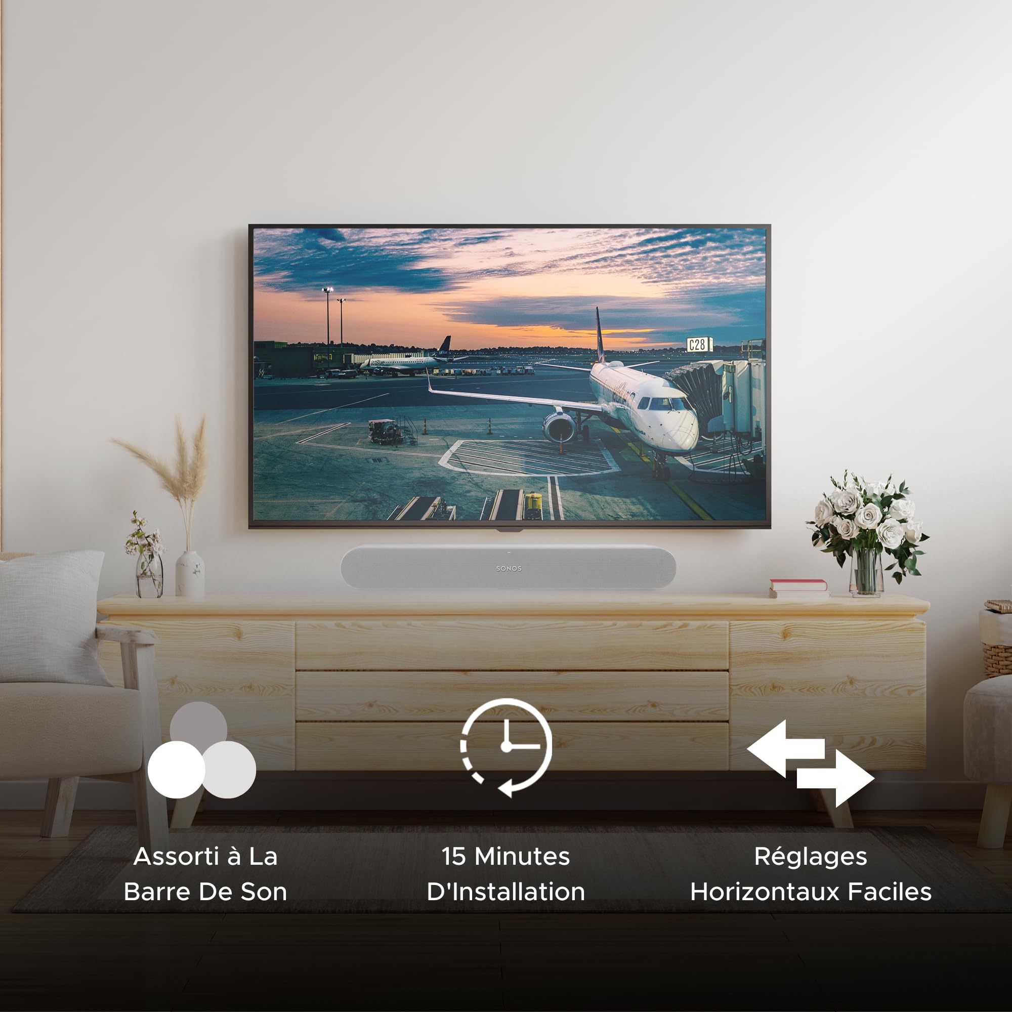 Sound bass Support de Barre de Son pour Sonos Ray, Comprend Tout Le Matériel de Montage, Support Mural Flottant sous TV ou Au-Dessus, Facile à Installer, Blanc