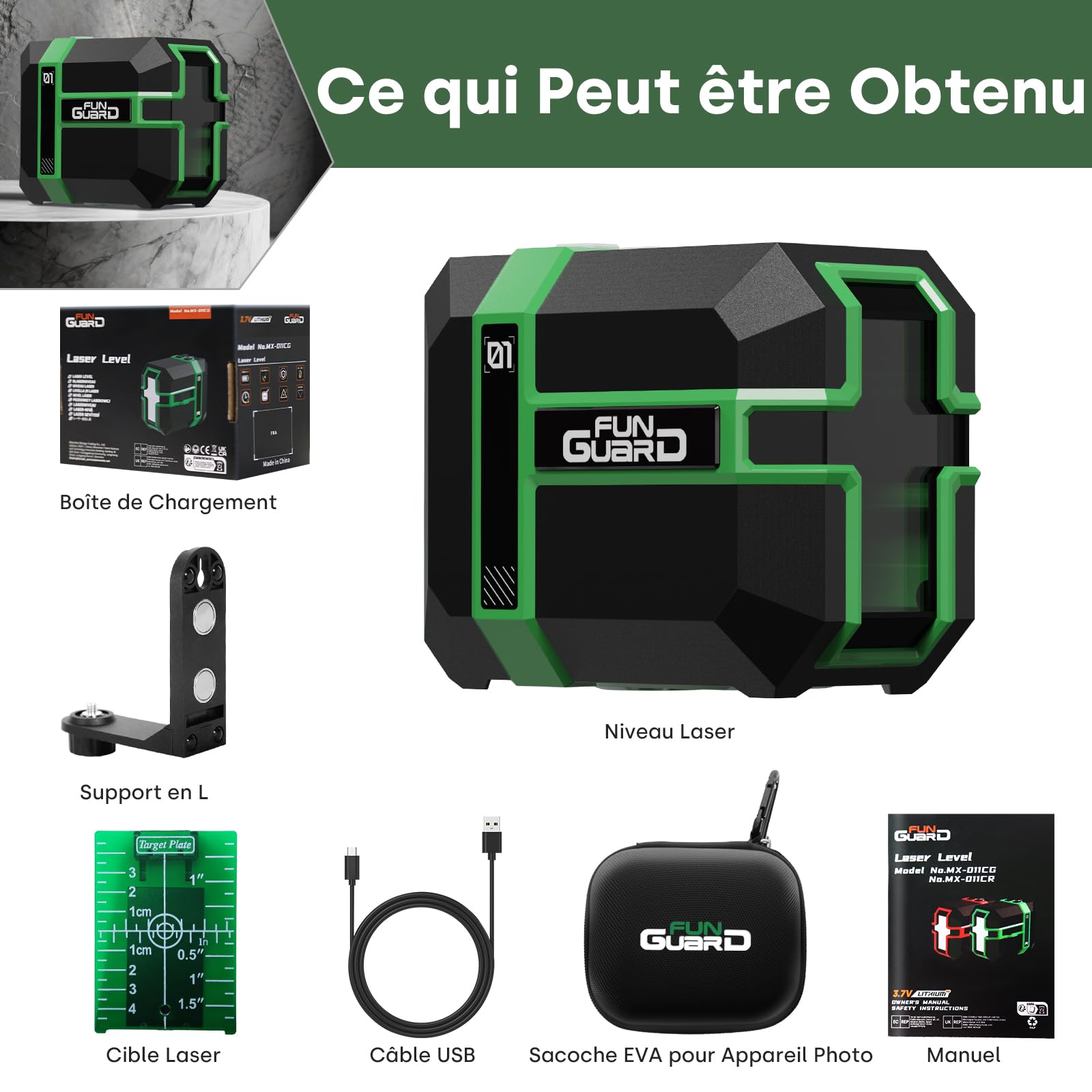 Niveau Laser, Autonivelant, Support magnétique, Rechargeable(Vert)