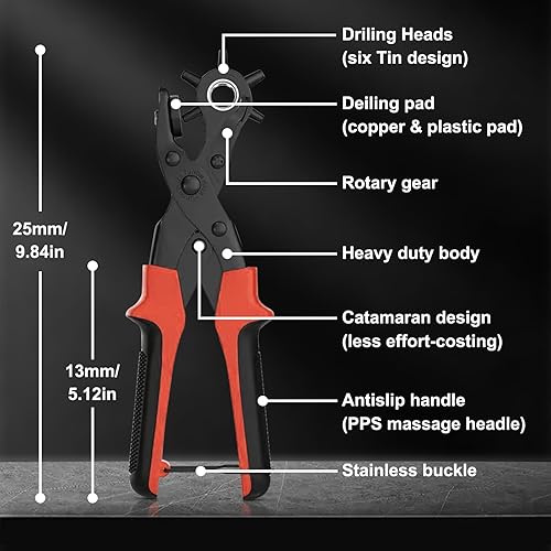 Miniatura 19 de Diyife Perforadora de cuero, perforadora para cinturón resistente, kit de alicates giratorios con aguja de molienda extra, placas de perforación