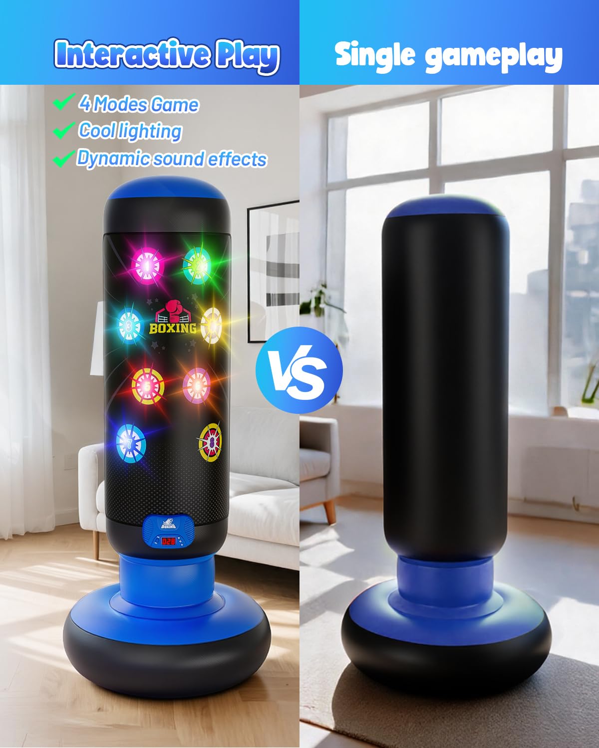 Boxsack Kinder, Boxsack Stehend mit Musik & Licht, Interaktiv Punching Bag, Aufblasbarer Standboxsack mit Boxhandschuh Geschenke für 6 7 8 9 10 11 12 Jahren Kinder Jungen