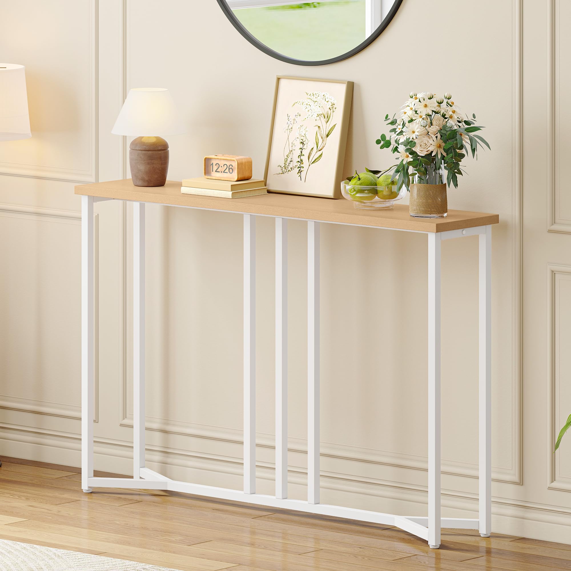 YITAHOME Console Table, 100CM Slim Console Table for Hallway, Metal Frame, Compact Display Table, Sofa Table for Small Spaces, Entryway, Living Room, Sturdy, Natural Wood Color and White