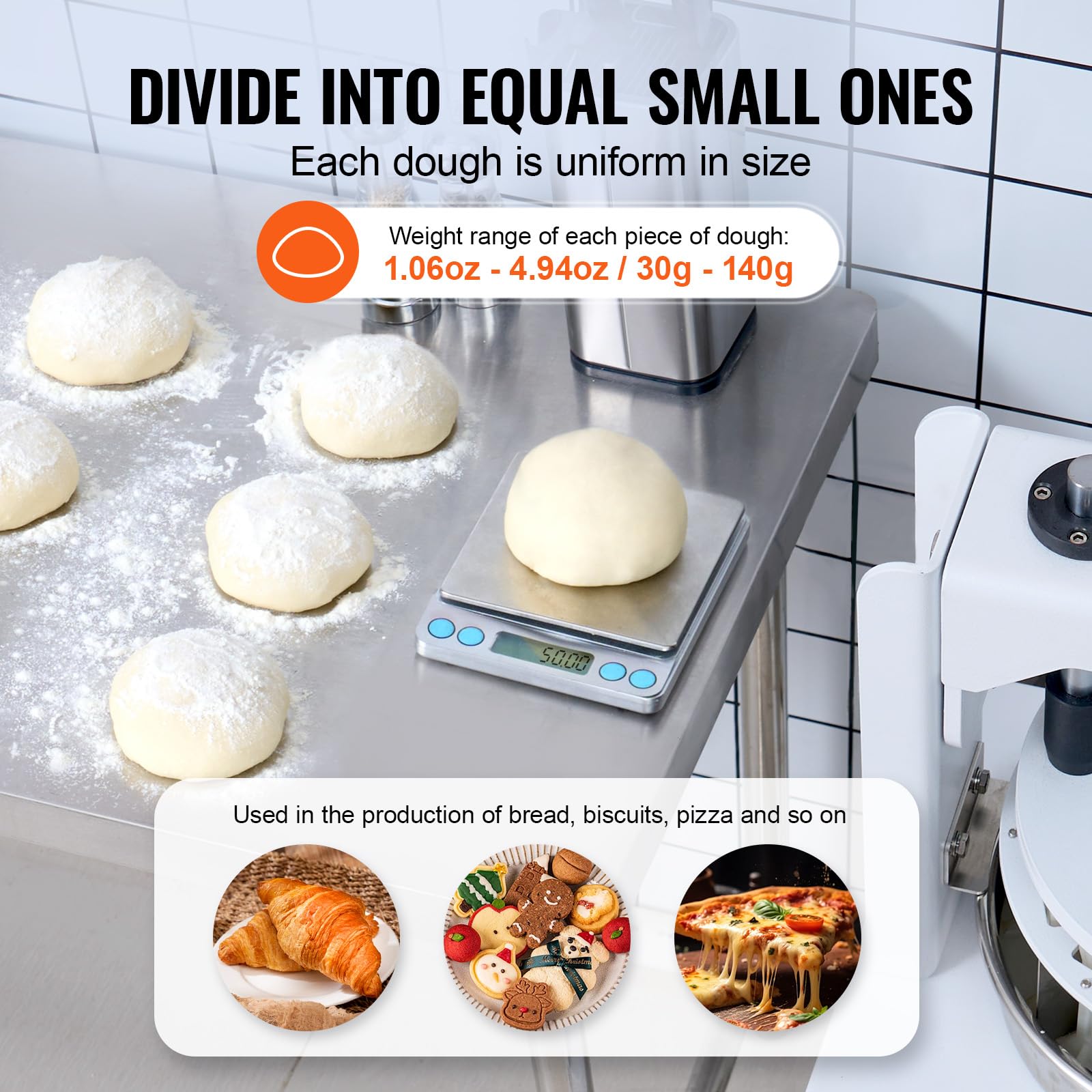 VEVOR Diviseuse de pâte manuelle, 40 pièces, coupe-pâte à pression verticale de 30 g à 140 g avec plateau et lame en acier inoxydable 304, machine à pain pour boulangerie, restaurant, commercial