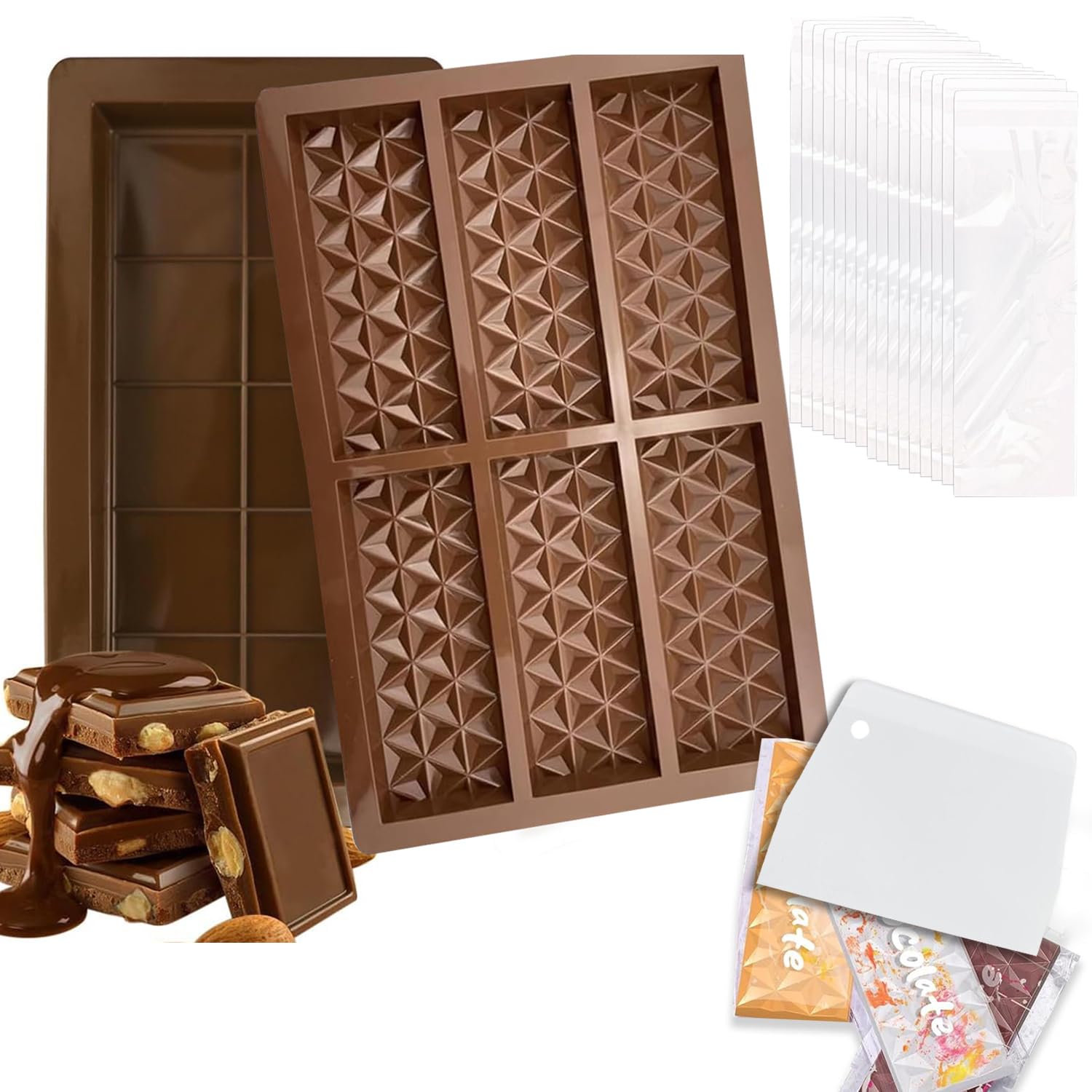 2 Stampi Per Cioccolato In Silicone Con Raschietto E Sacchetti - Antiaderenti, Per Barrette Fatte In Casa - Foto 8