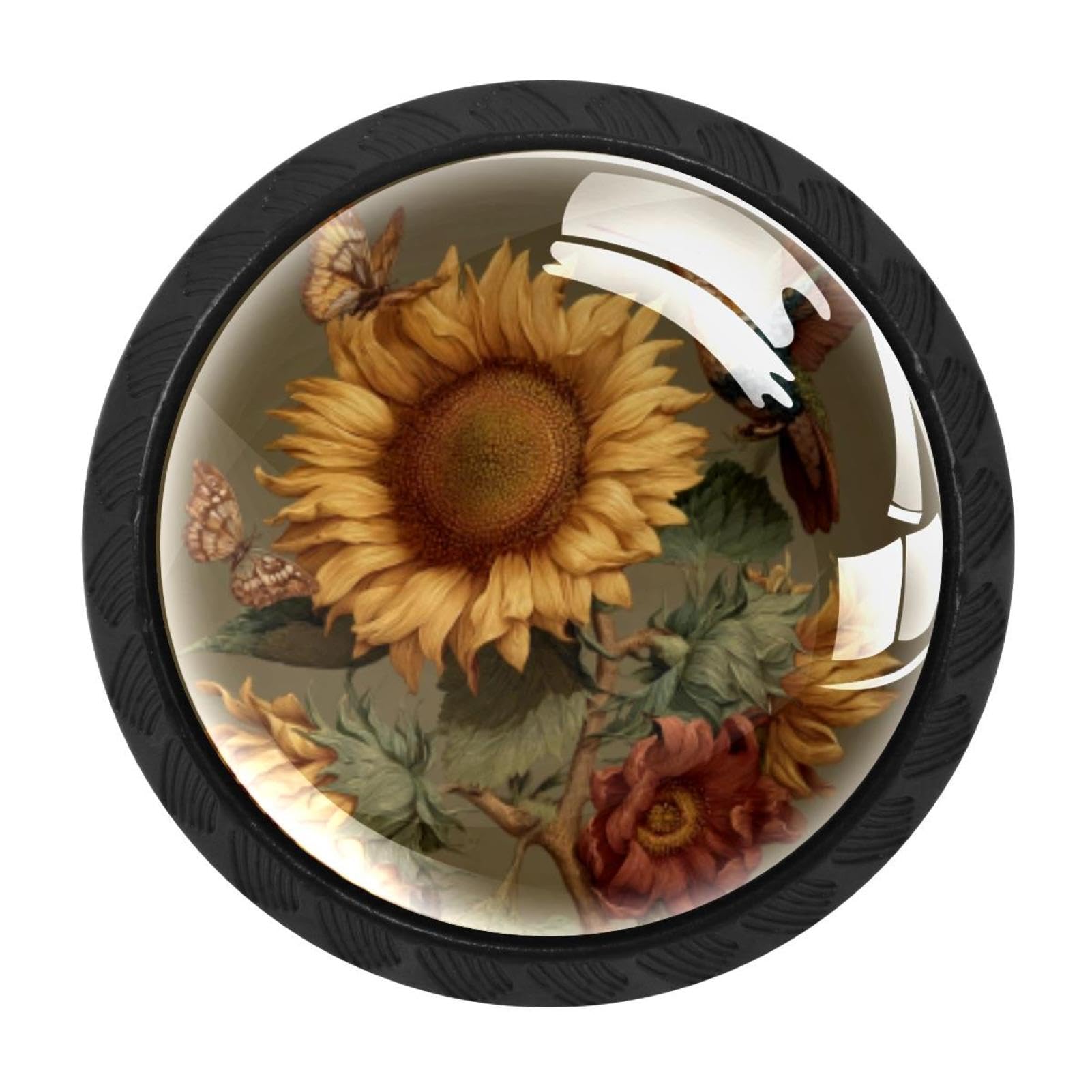 CHENZZZZ 4pcs Round Cabinet Knobs for Home Wardrobe Office Kitchen Dresser and Cupboard Cute Sunflower Butterfly Hummingbird (1) DIY Glass Drawer Pull Handle with Screws