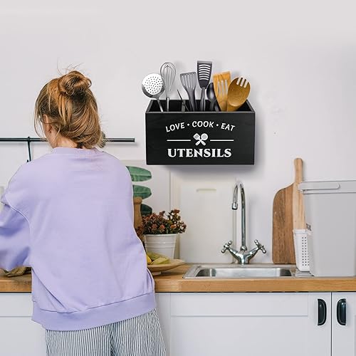 Miniatura 5 de MINCORD Soporte para utensilios de bambú con 3 compartimentos para encimera de cocina, organizador de cubiertos rústico, caja de almacenamiento de