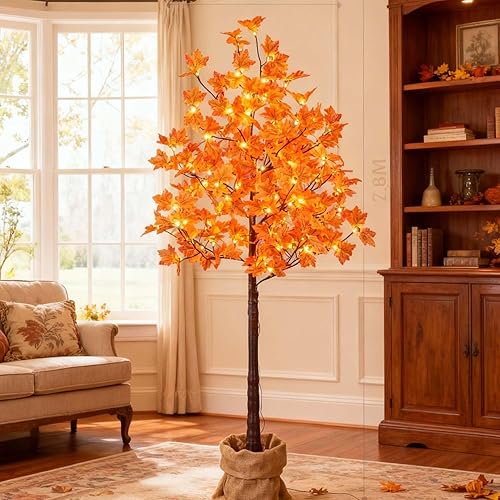 Árbol de arce artificial iluminado de 6 pies, 120 luces LED, blanco cálido, decoración de árbol de otoño para interiores y exteriores, cosecha de