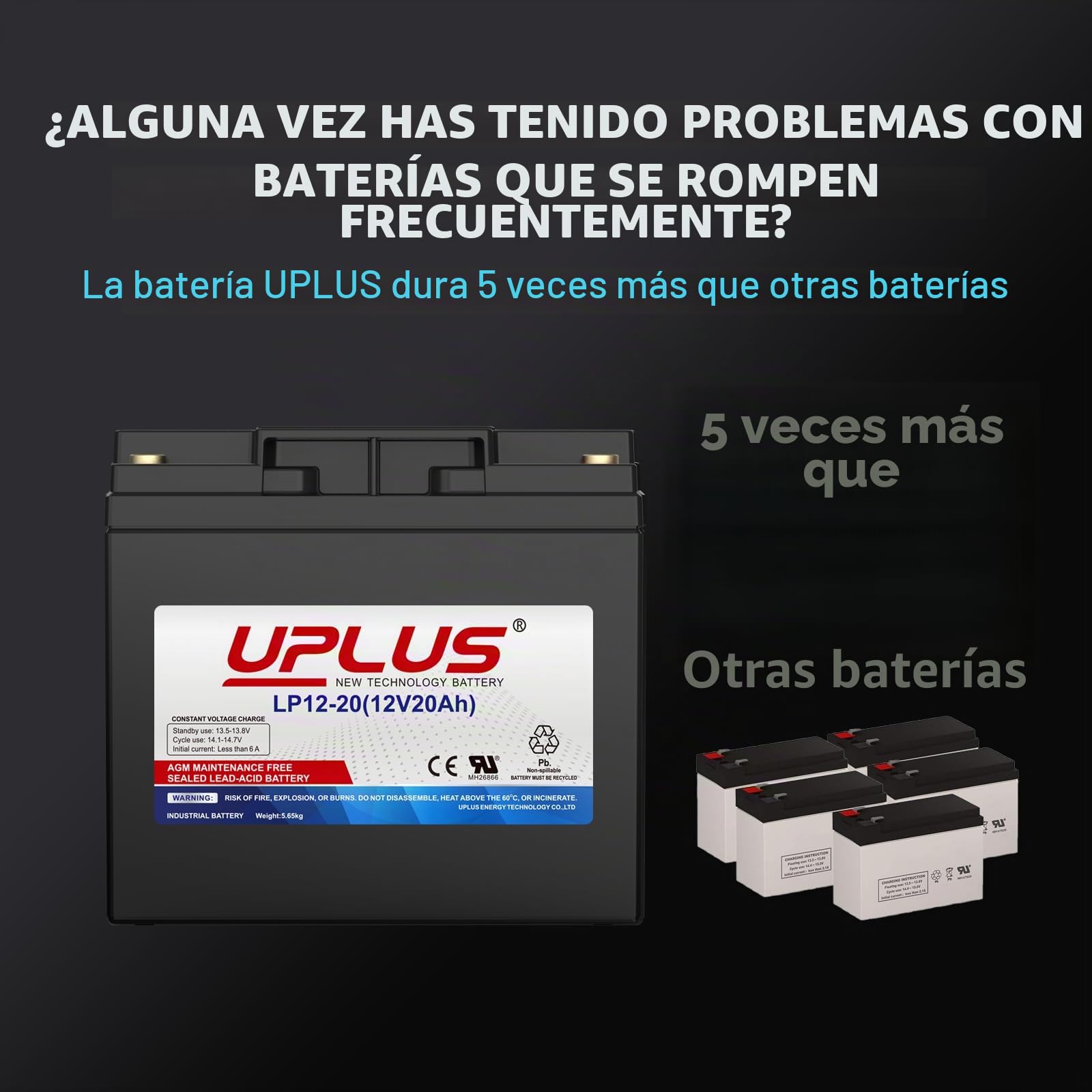UPLUS - Batería recargable de plomo ácido sellada LP12-20 de 12 V 20 Ah, baterías AGM-SLA de ciclo profundo, terminal M5, para cortacésped, carrito de golf, scooter de movilidad, silla eléctrica,