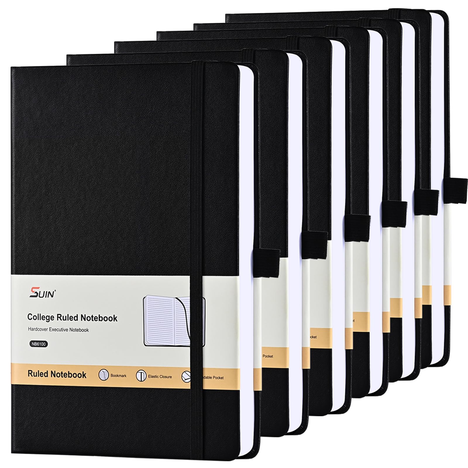 SUIN Lined Journal Notebook, Leather Hardcover Journal for Work, School, Travel, 100 GSM Paper, 160 Pages, 5.5x8.3 Inch, College Ruled, Black, 6-Pack