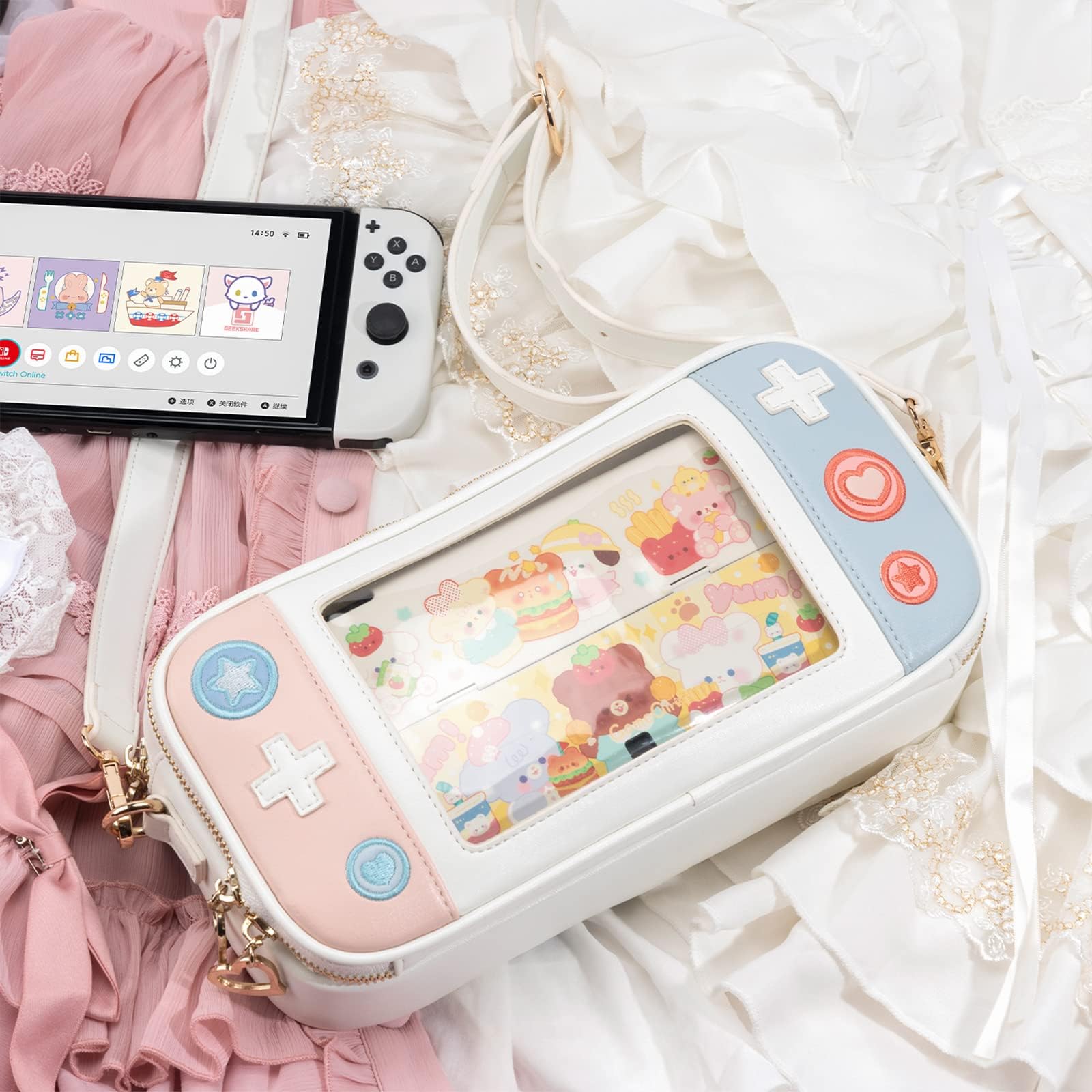 Geekshare Cute Carry Case Borsa a tracolla compatibile con Switch/Switch OLED - Custodia da viaggio sottile e rigida portatile per Switch Console