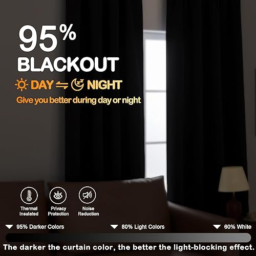 Miniatura 5 de OVZME Cortinas opacas negras para dormitorio de 63 pulgadas de largo, 2 paneles, protegen la privacidad con aislamiento térmico, cortinas sólidas