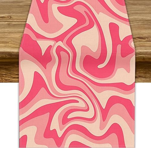 Miniatura 46 de Camino de mesa ondulado de los años 70, retro, hippie abstracto, vintage, verde, rosa, con estampado de ondas para el hogar, cocina, comedor, patio,