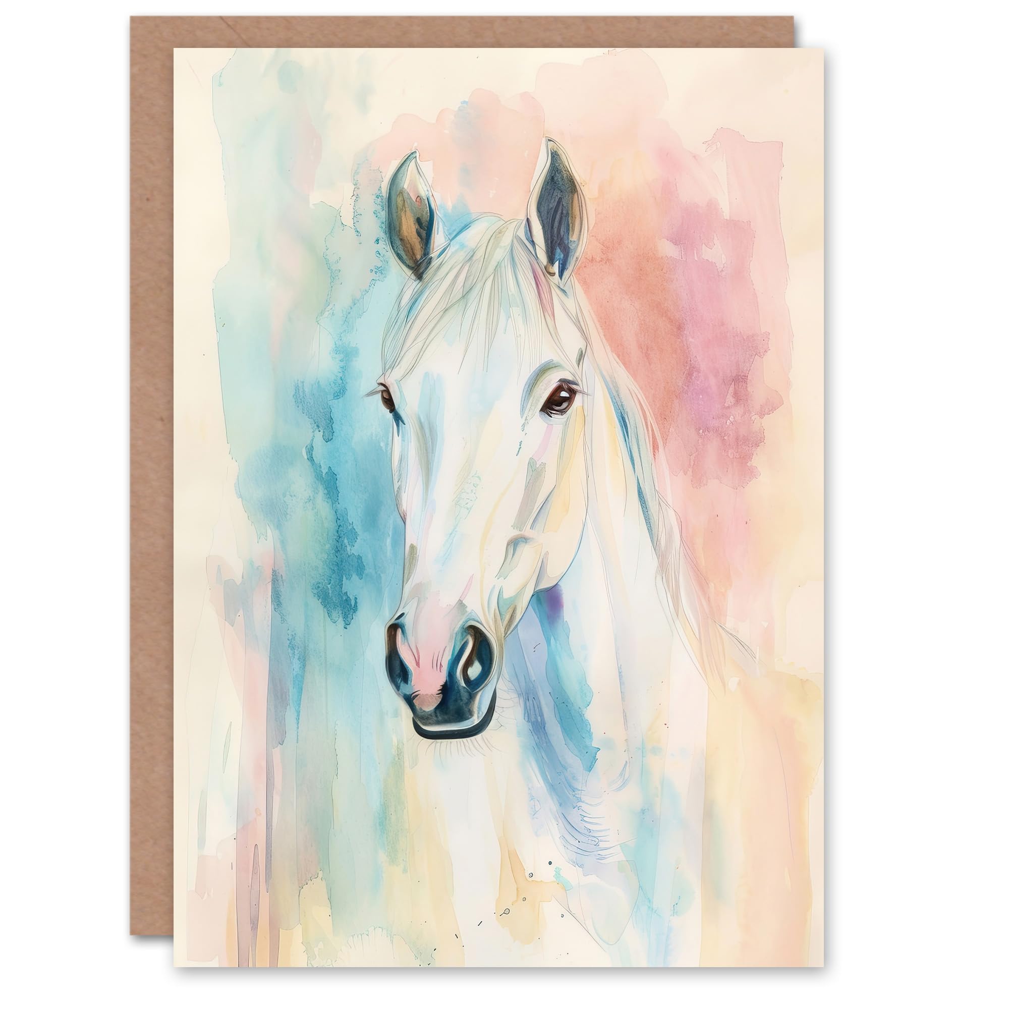 Artery8 Greeting Card Pastel Watercolour White Horse Head Portrait Blank For All Him Or Her Art Birthday Card