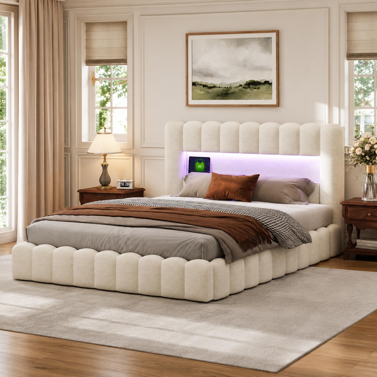Fofetbfo Lit Coffre 140X200 cm, Bubble lit Double rembourré avec éclairage LED et Type-C et USB, LIt Capitonné avec Rangement, Cadre de lit hydraulique avec sommier à Latte, Lin (Beige, 140 x 200 cm)