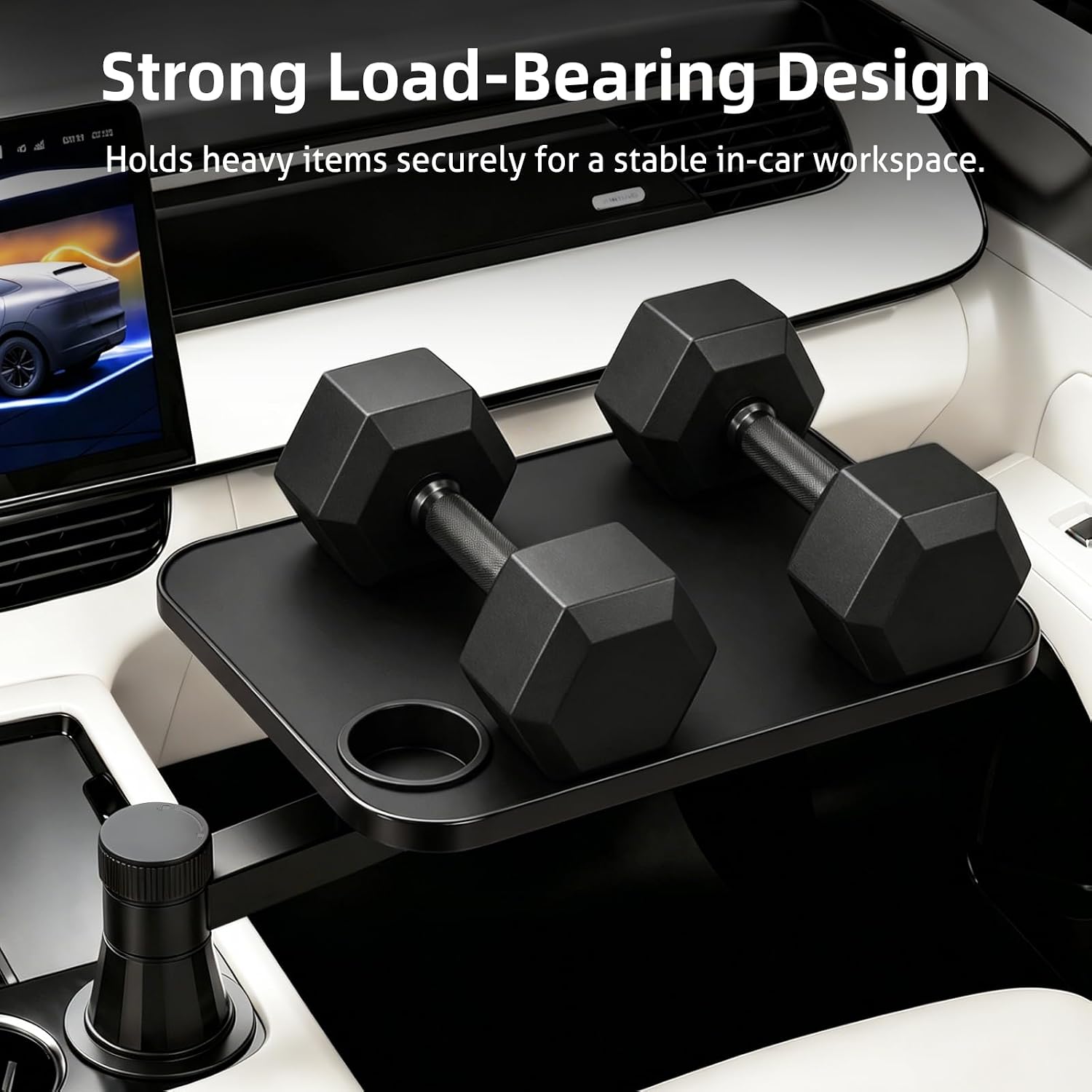 360° Rotating Car Desk Tray for Laptop and Food, Premium Leather Car Table with Built-in Cup Slot, Adjustable Vehicle Desk for Eating, Working, Road Trips, Fits Tesla Model Y/3/S&Most Cars(BLACK)