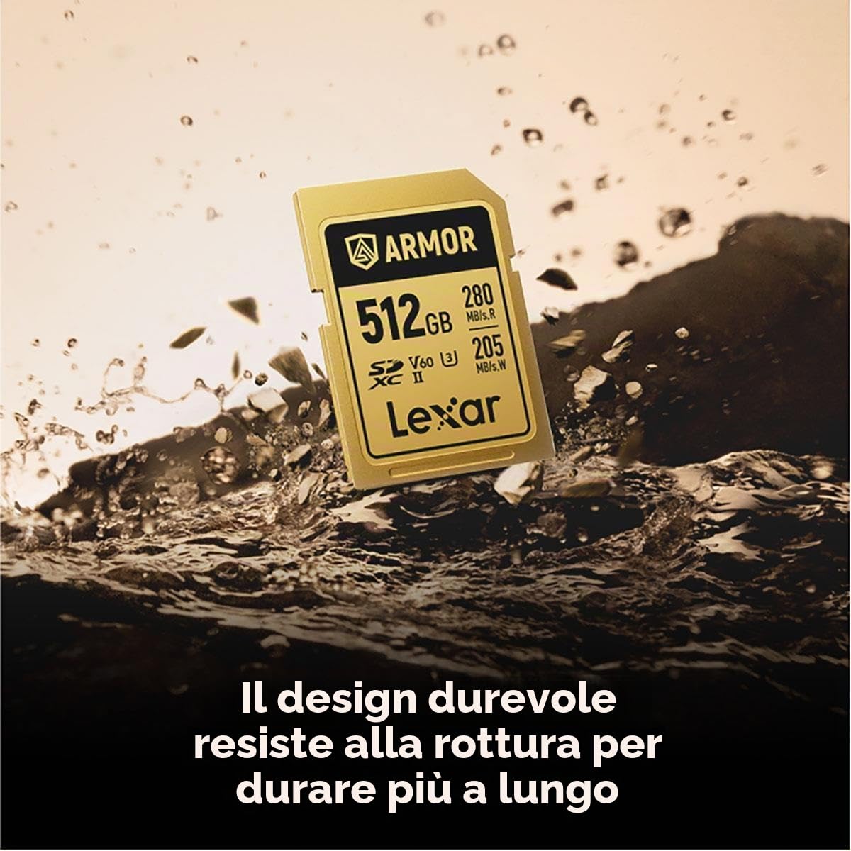 Lexar ARMOR GOLD 512GB SDXC, Scheda di Memoria Rugged in Acciaio, IP68 Impermeabile e Antipolvere, UHS-II ad Alta Velocità, Ideale per Foto e Video 4K/6K