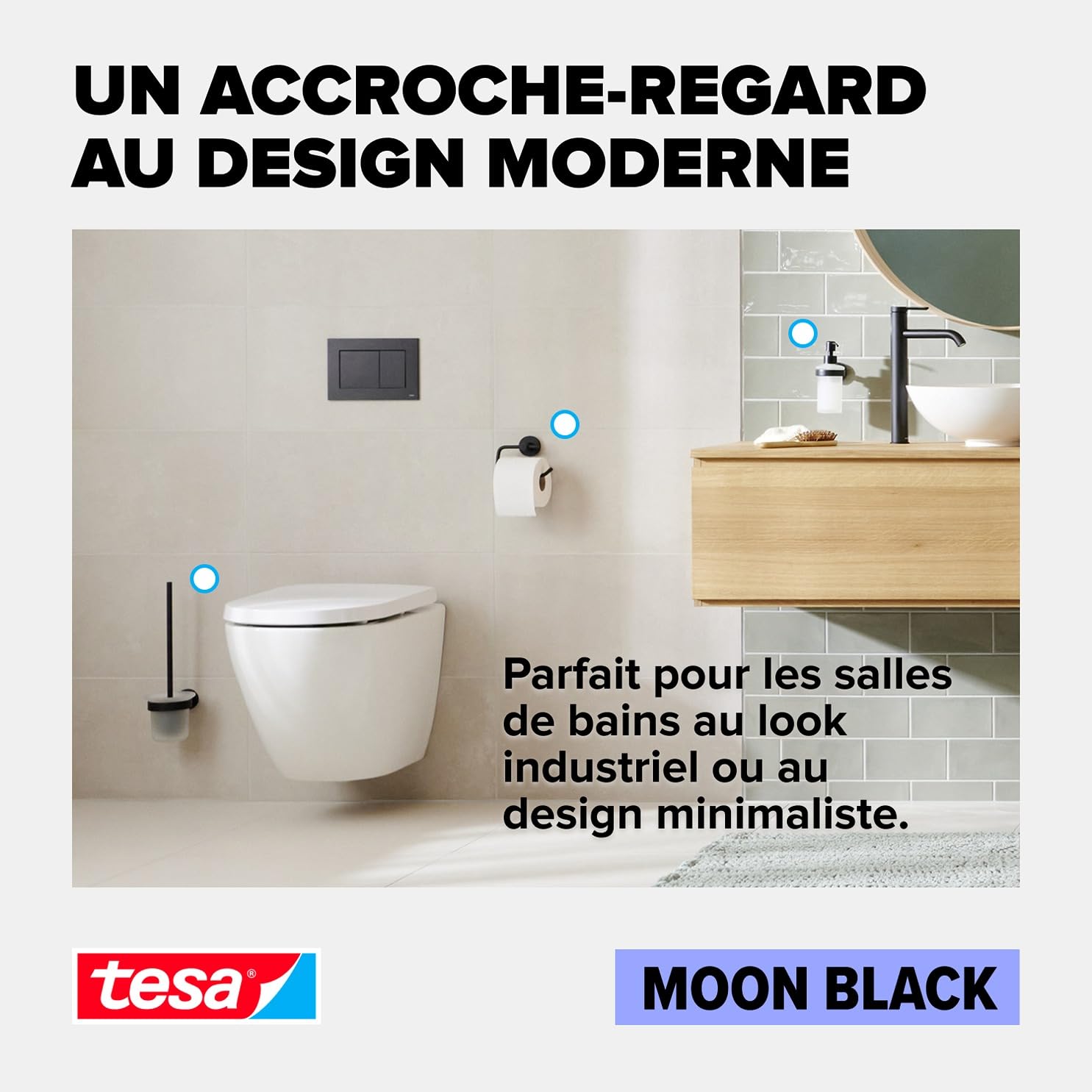 tesa Moon Black Porte Serviettes 2 Bras, Noir Mat, Salle de Bains & WC - Salles de Bains Style Industriel et Modernes - sans Perçage - 84 mm x 50 mm x 456 mm