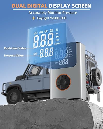 Miniatura 4 de Inflador de neumáticos, compresor de aire portátil, bomba de bicicleta, bomba de aire de 150 PSI para neumáticos de automóvil con pantalla LCD dual