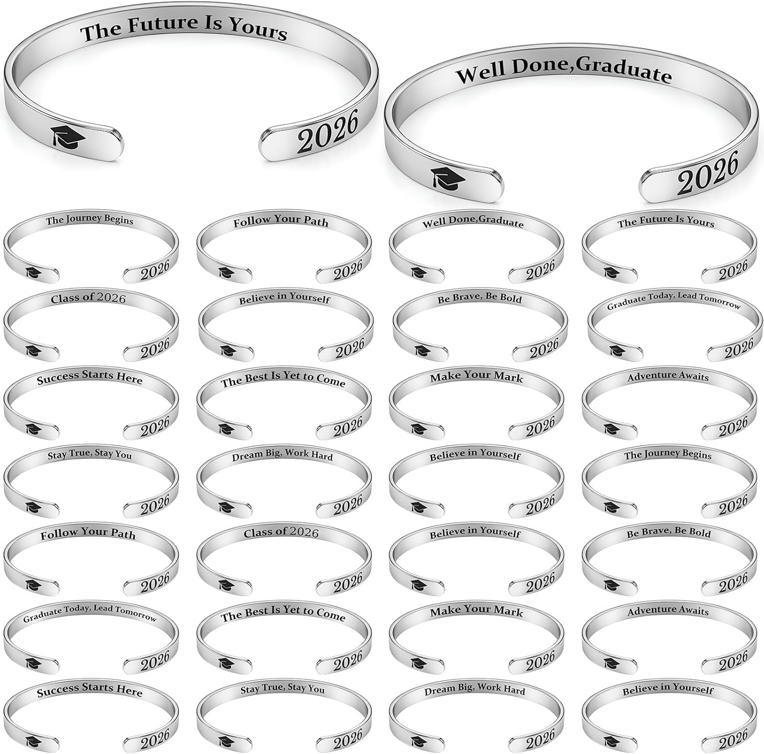 Ganeen 30 Pcs 2026 Graduation Gifts Graduation Bracelet Bulk Inspirational Cuff Bracelets for Women Men Stainless Steel, Adjustable, Engraved Cuff Bangles with Graduate Cap and Year Charm