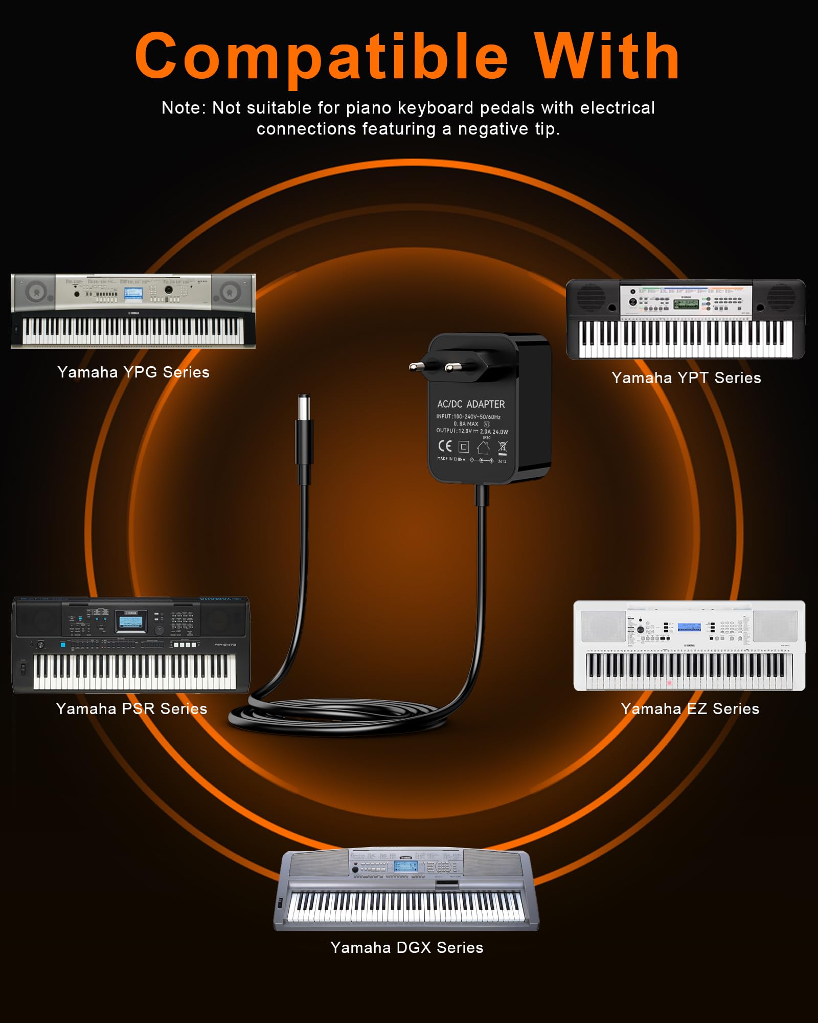 12V/2A Chargeur pour Clavier Yamaha Adaptateur Secteur d’Alimentation pour PA-130a PA-130b PA-150b P45 PA-3b PA-3c PA-5d PSR-210 PSR-78 P125 E373 Piano électronique 24W 1.5M