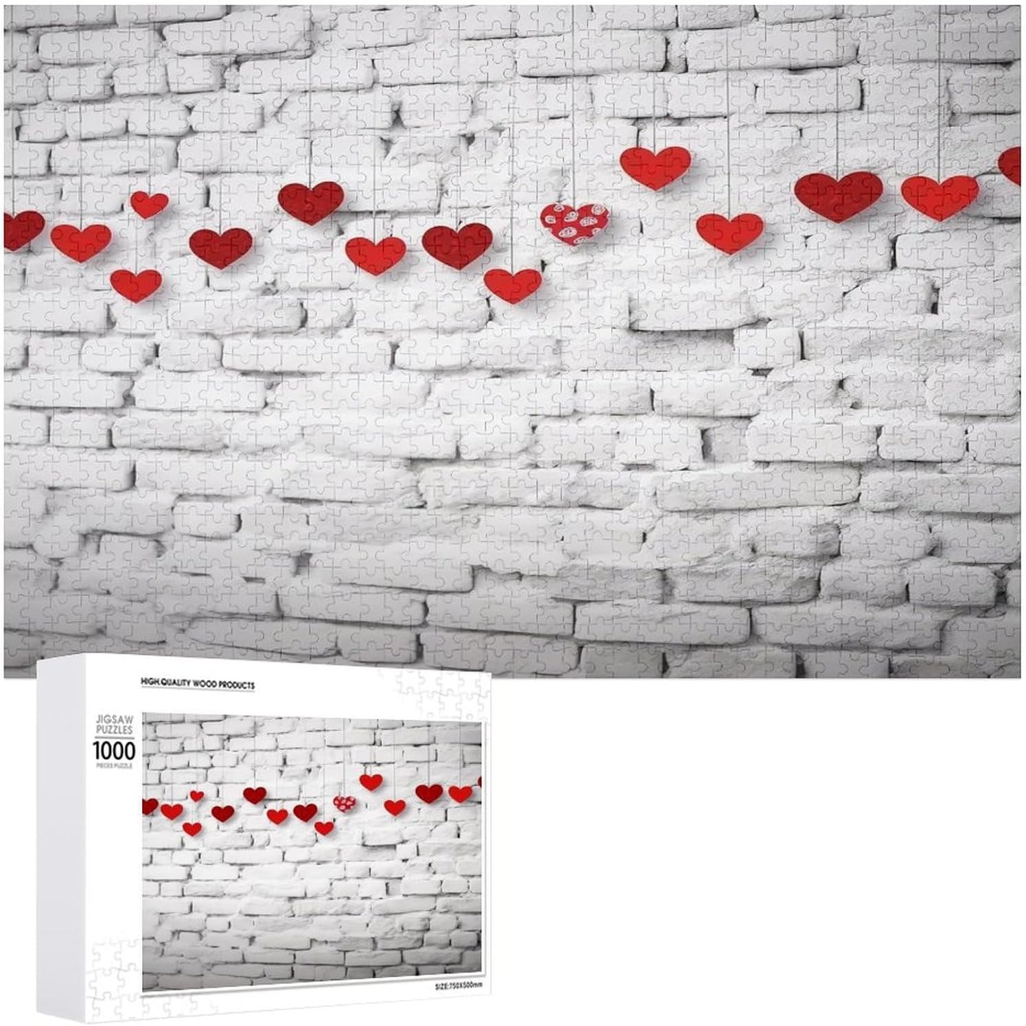 Wooden Puzzle for Adults, Suitable for Home Use, Red Hearts on White Brick Wall Printed, Perfect Match