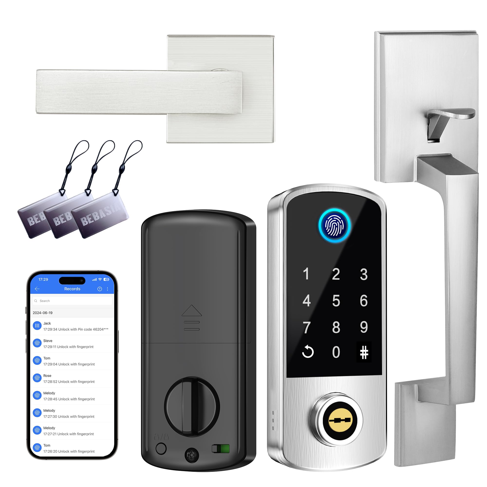 Bezkluczykowa zasuwa do drzwi wejściowych z zestawem uchwytów, aplikacja BEBASIA na odcisk palca, inteligentny zamek do drzwi, klawiatura cyfrowa Bluetooth, zamek zasuwowy z automatycznym kodem