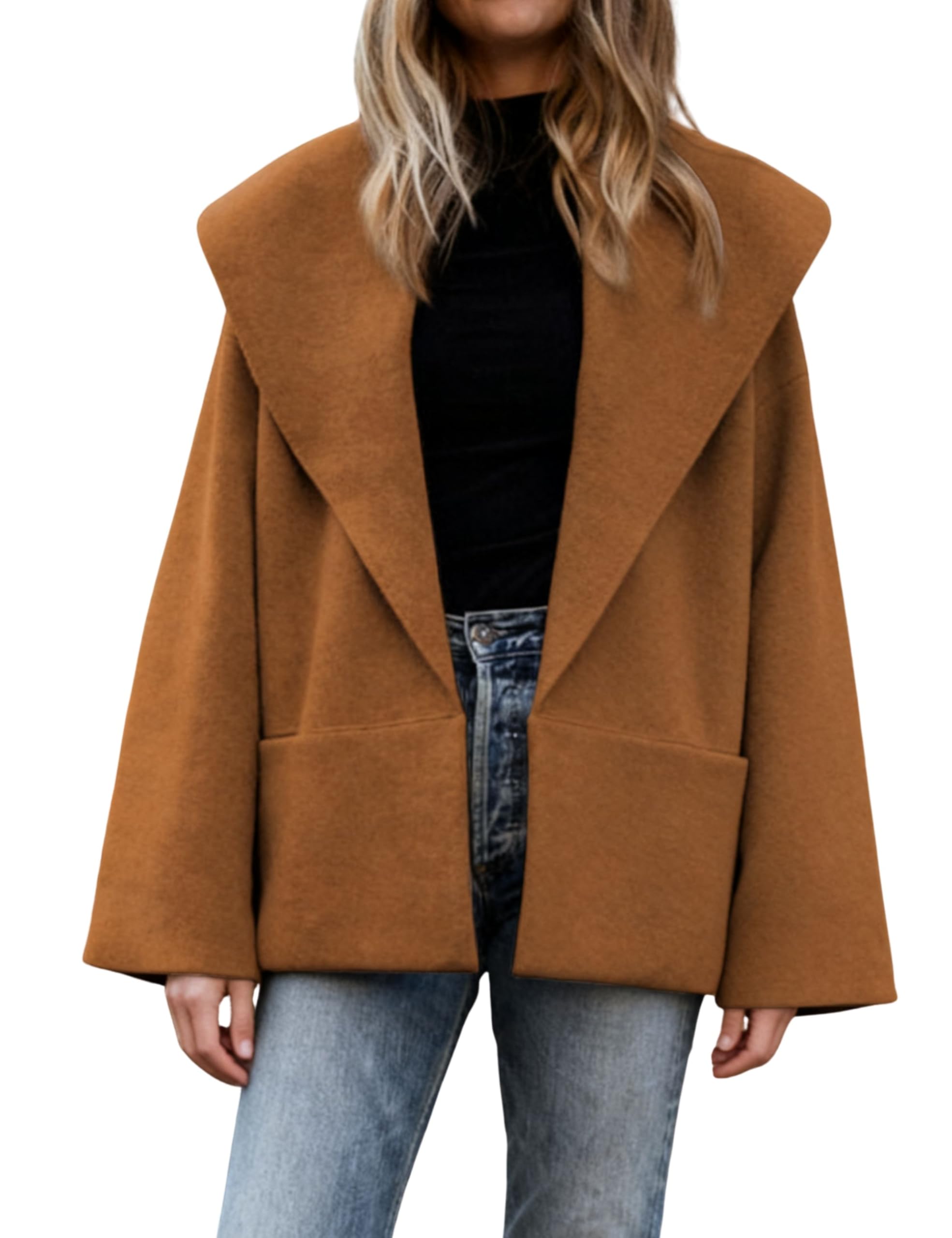 Hooever Womens Big Lapel Sweater Oversized Cardigan Fall Winter Knit Cropped Pea Coats Caramel01-M
