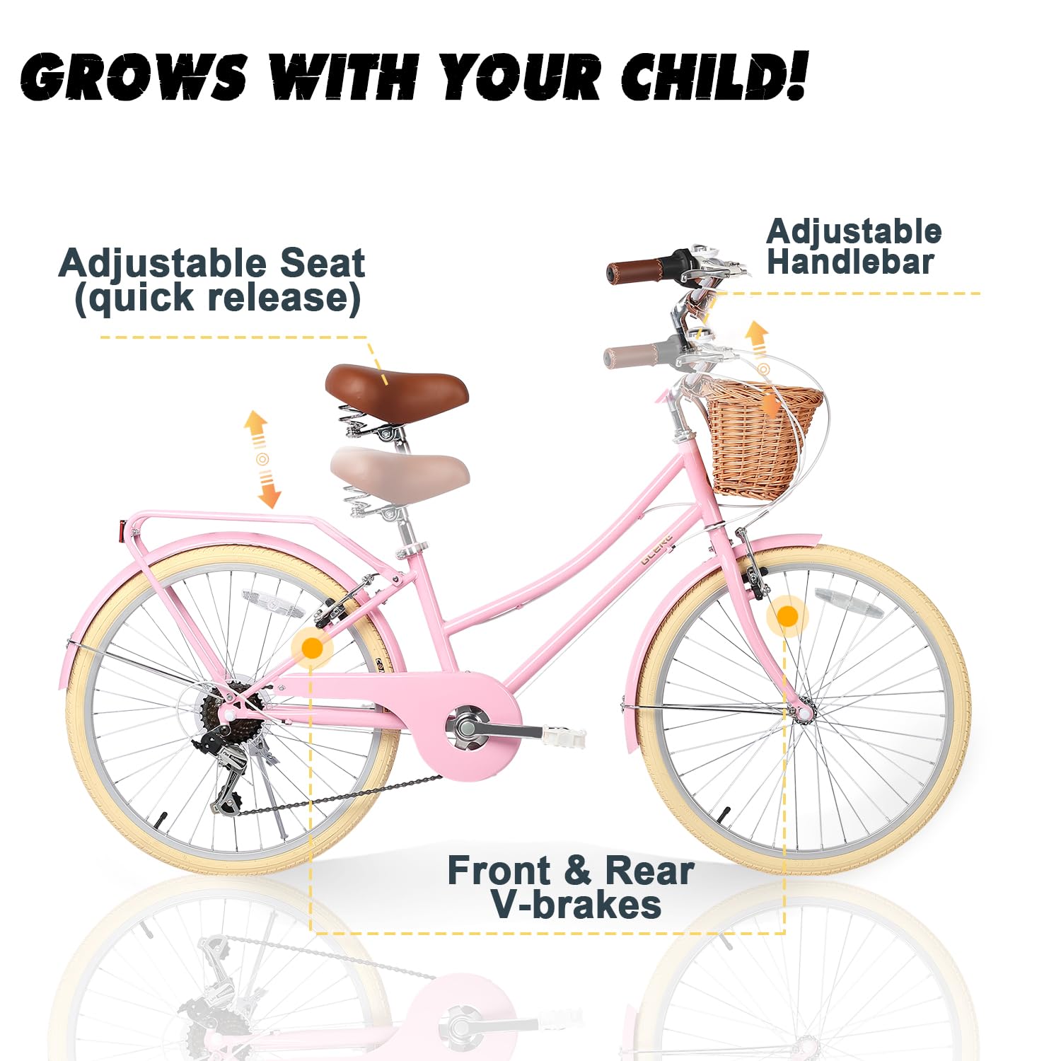 Glerc Missy 24“ Zoll Mädchen Cruiser Kinder Fahrrad 6-Gang Teen Hybrid City Fahrrad für Jugendliche im Alter von 12 13 14 15 Jahren mit Weidenkorb & Leichtgewicht, Pink