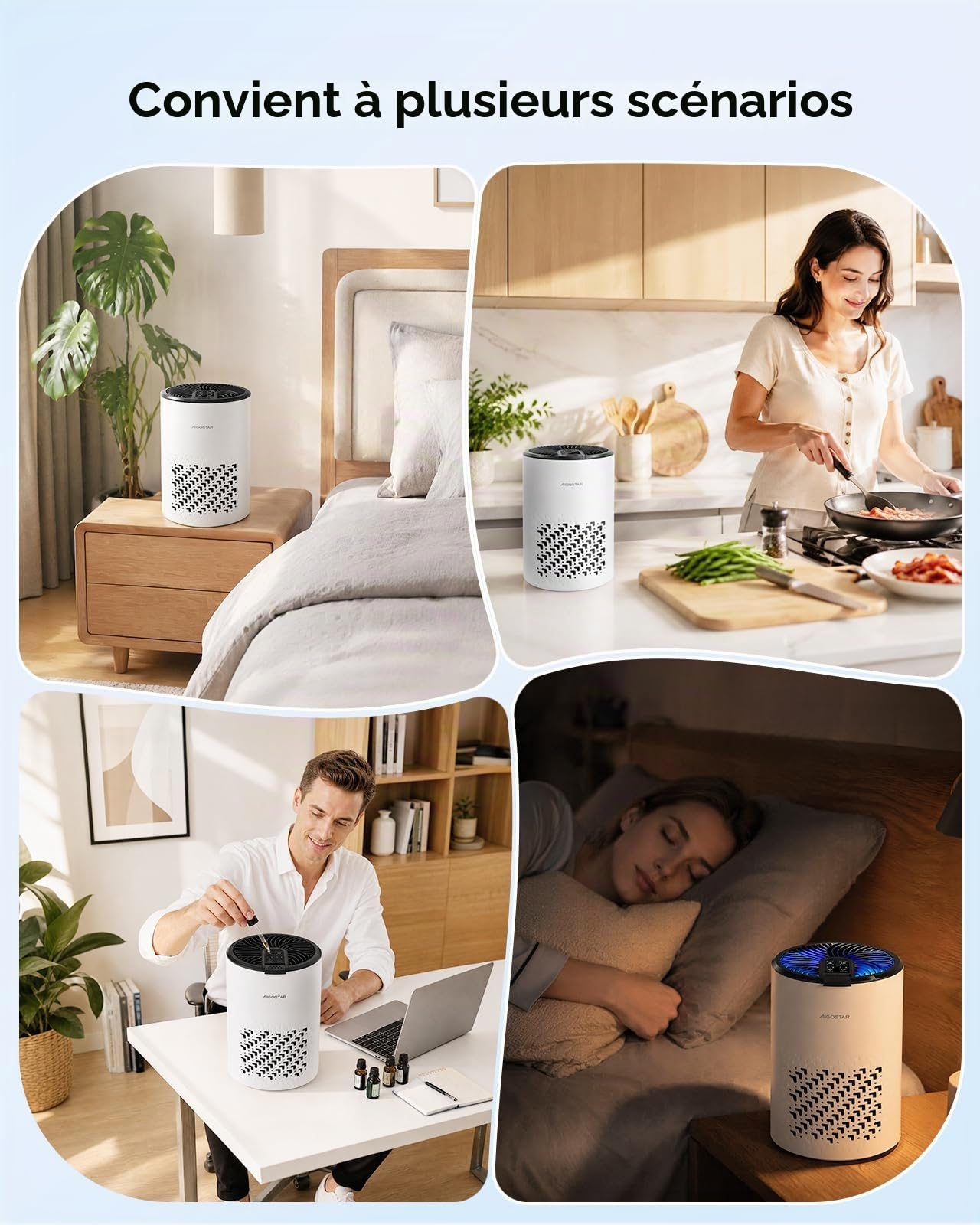 Aigostar Purificateur d‘air avec Filtre HEPA 4 en 1 et Charbon Actif, Ultra Silencieux 15dB avec Aromathérapie, pour Chambre Anti-Allergies, Élimine Poils, Fumée & Odeurs
