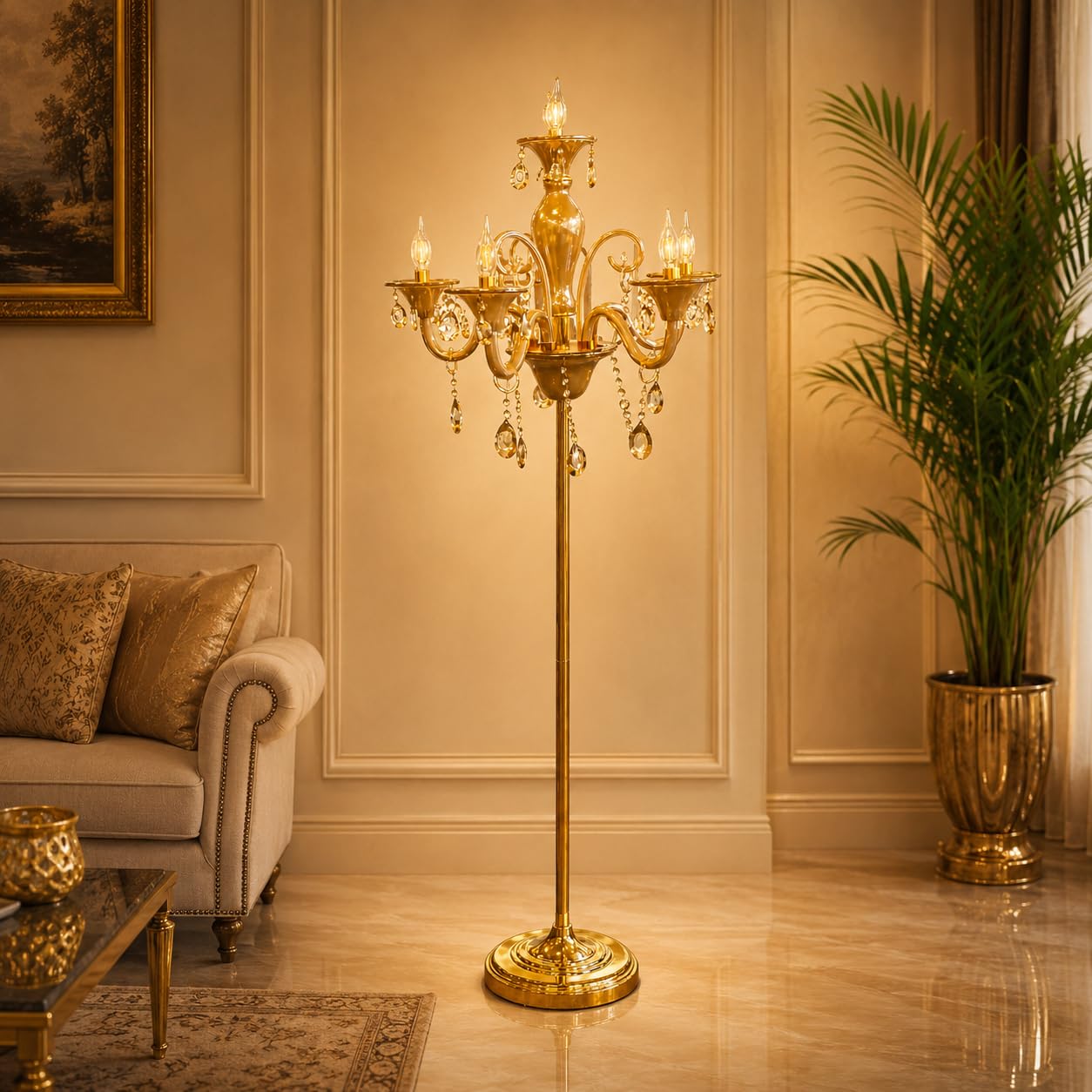 5-Light Gold Crystal Candelabra Floor Lamp, Chandelier Style Standing Lamp with Hanging Crystal Pendants-image-27