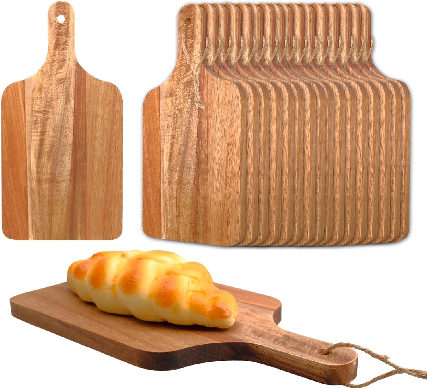 18 Pcs Acacia Wood Cutting Board Bulk Wood Cutting Board with Handle Kitchen Tray Charcuterie Boards for Pizza, Bread, Cheese, Fruit, Vegetables (12 x 6 Inch)