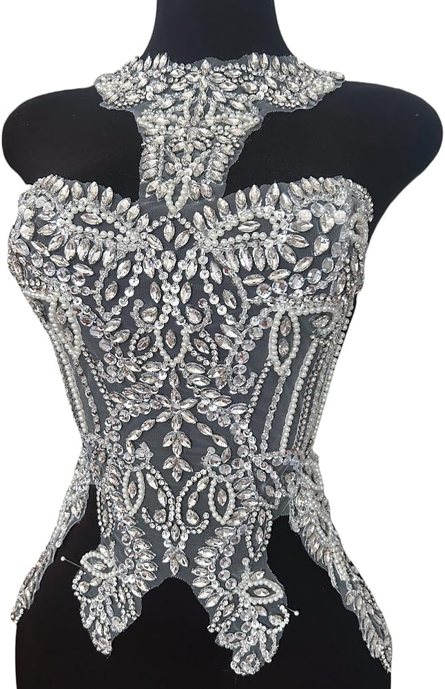 Luxury Wedding Dress Appliques - Lace with Rhinestones & Crystal Grab Diamonds, Sparkling Embellishments for Bridal Gowns & Bodycon Dresses, Handmade Heavy Embroidery Decorations (White)