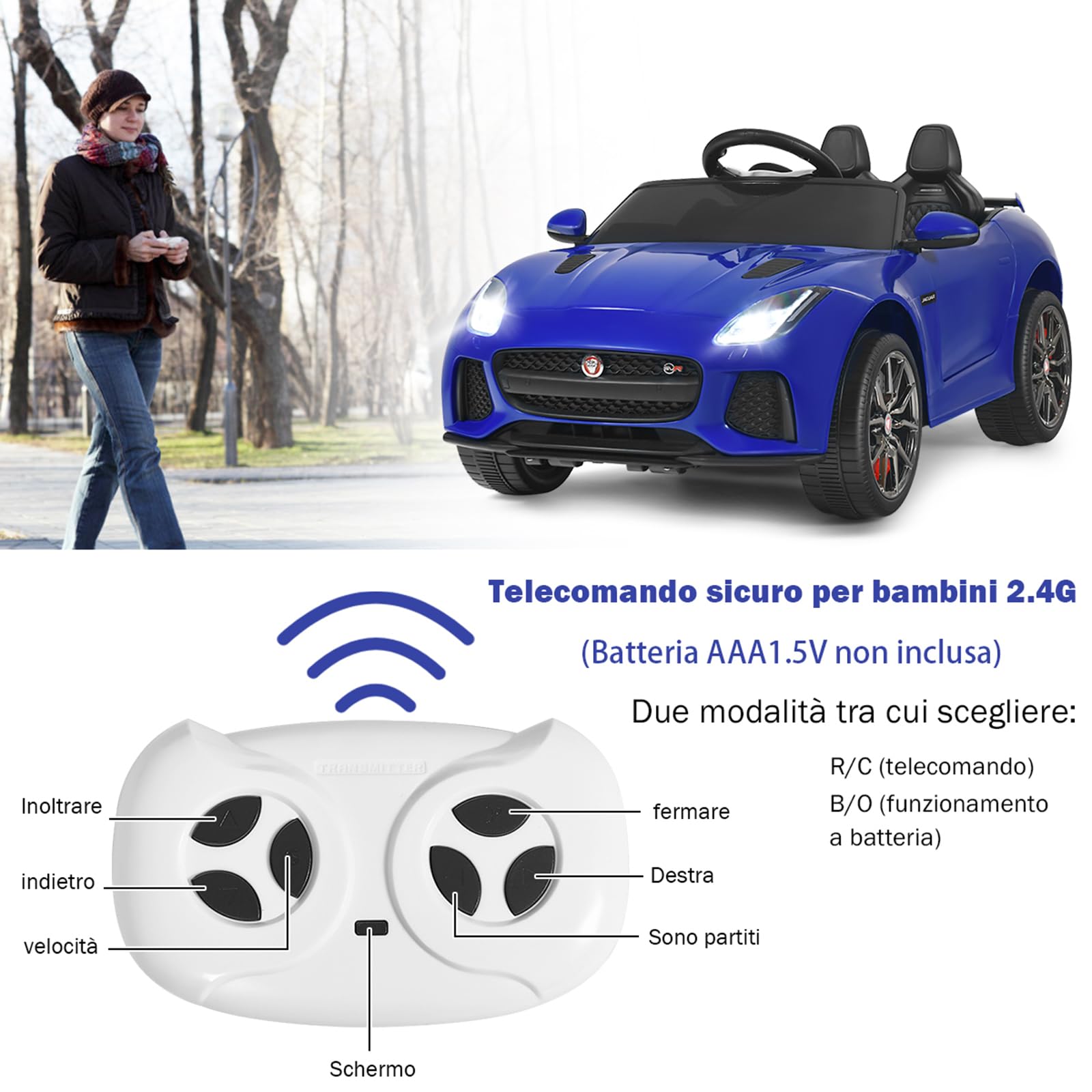 RELAX4LIFE Macchina Elettrica Jaguar F per Bambini 12V, con Telecomando 2.4G e Musica, USB, Luci LED e Clacson, 2 Portiere Apribili, 3 Anni+,107,5 x 66 x 50 cm (BLU)