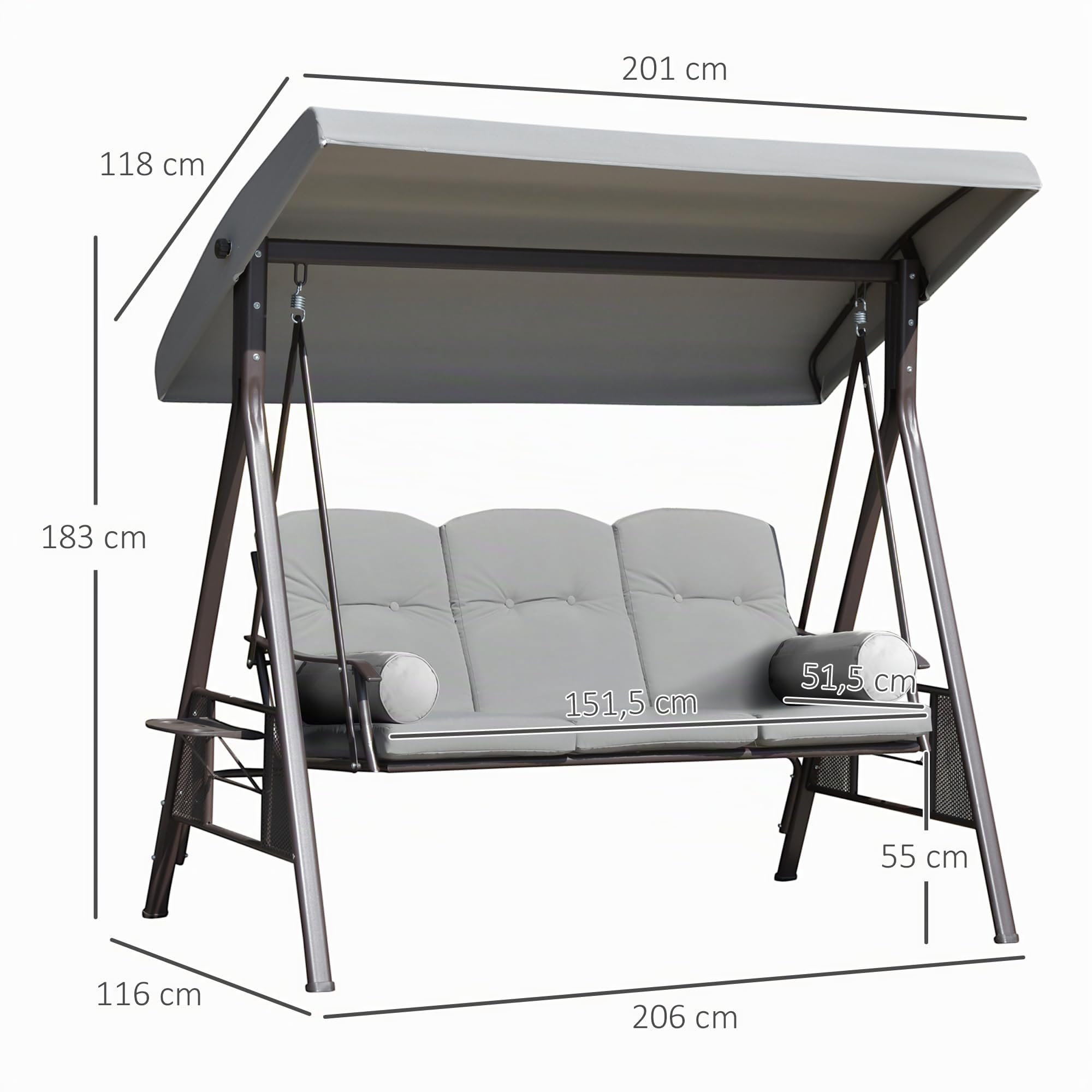 Outsunny Balancín de Jardín Exterior de 3 Plazas 206x116x183 cm Gris | Columpio de Jardín Exterior, Toldo Ajustable, Bandejas Laterales, 2 Almohadas, Marco de Metal, Carga 360 kg