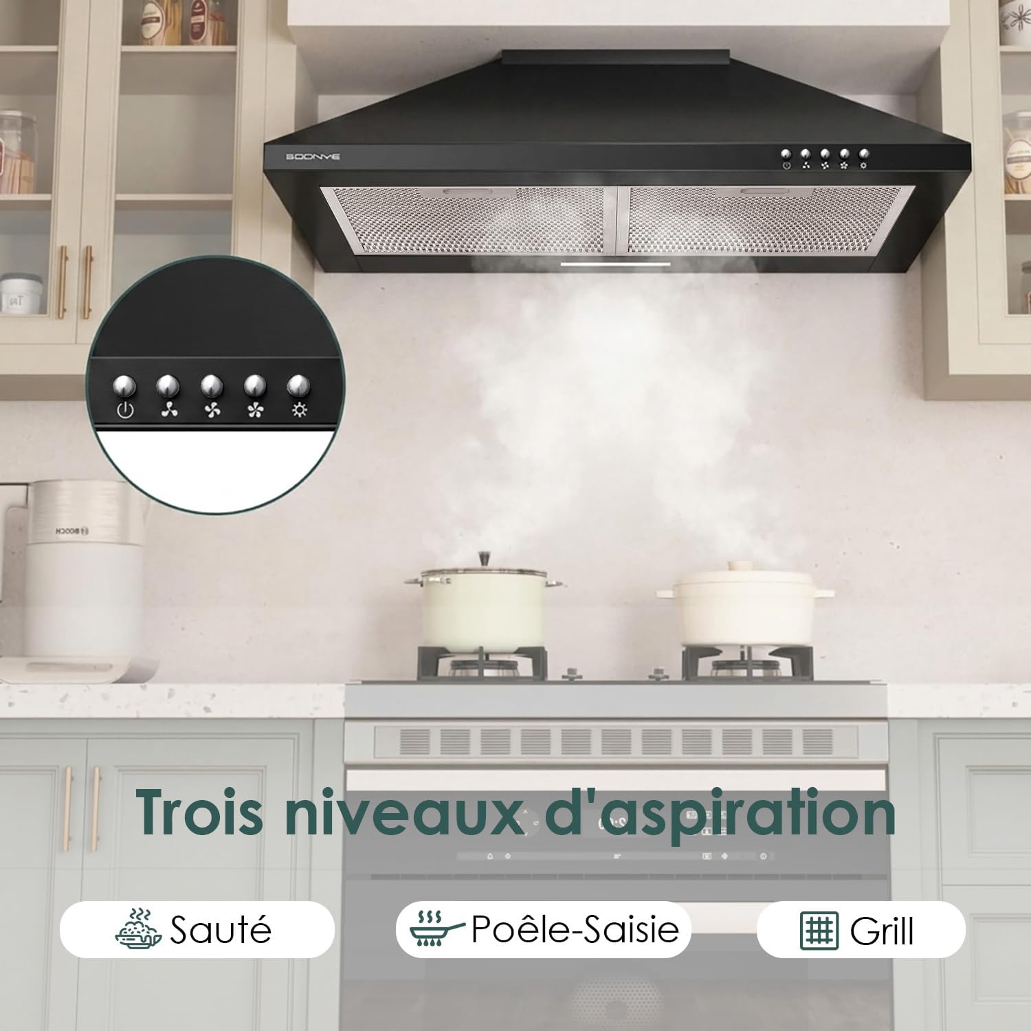 Hotte Aspirante 60cm Classe A, Hotte Cuisine 350m³/h,Évacuation ou Recyclage,Filtre au Charbon Inclus,Hotte Murale,Noir