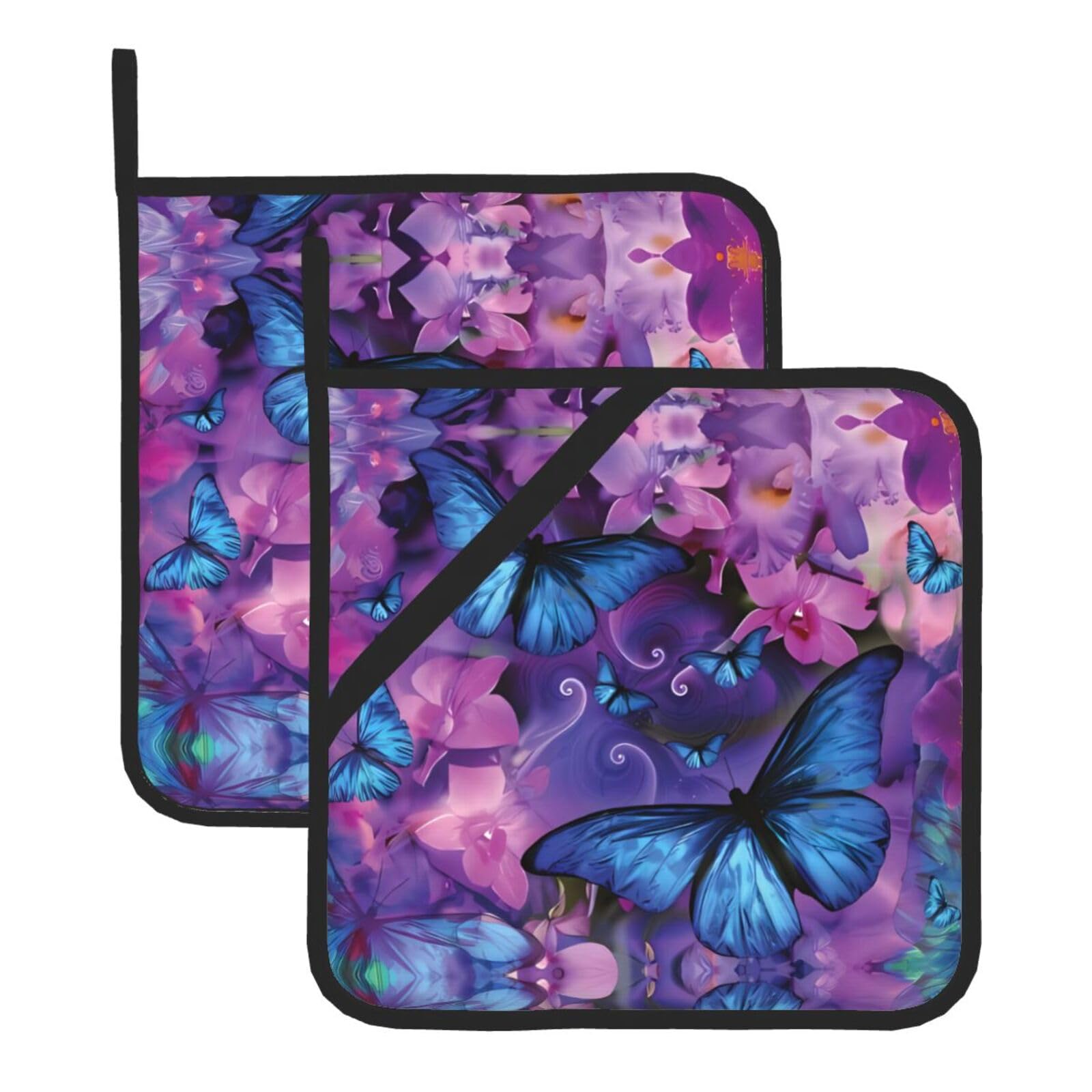 WHJSHOP Butterfly Prints Square Pot Holders - Waterproof Heat Resistant Kitchen Throw Pads for Hot Bowls & Dishes, Durable Oven Mitt Layers with Hanging Loop - Set of 2