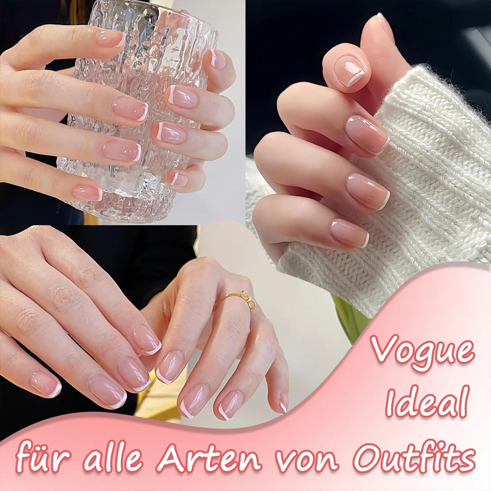 GlamRays French Tip Press on Nails Short Square dla kobiet, sztuczne paznokcie, zestaw samoprzylepnych paznokci, akrylowe, pełne krycie, klasyczne różowe białe obramowanie, 24 szt