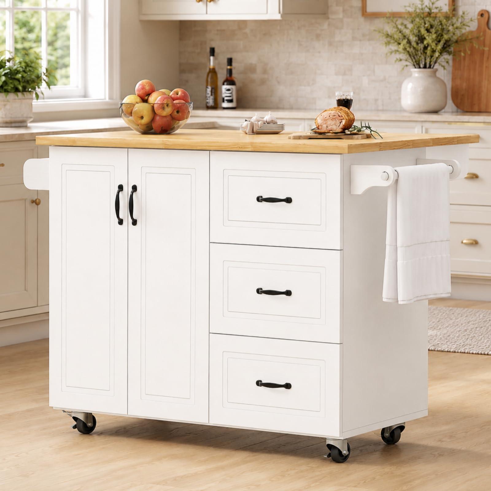 4 EVER WINNER 43" Kitchen Island with Drop Leaf, Rolling Kitchen Island