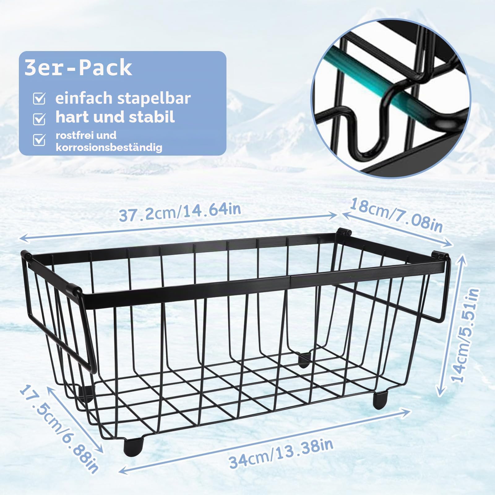 3 Stück Gefriertruhe Korb,Metall Gefrierschrank Organizer Stapelbare Drahtkörbe Mit Griff Und Rutschfestem Boden Drahtkorb ,Gefriertruhe Organizer für 5-7 Cu.Ft Kühlschrank,37.2X18X14cm(Schwarz)