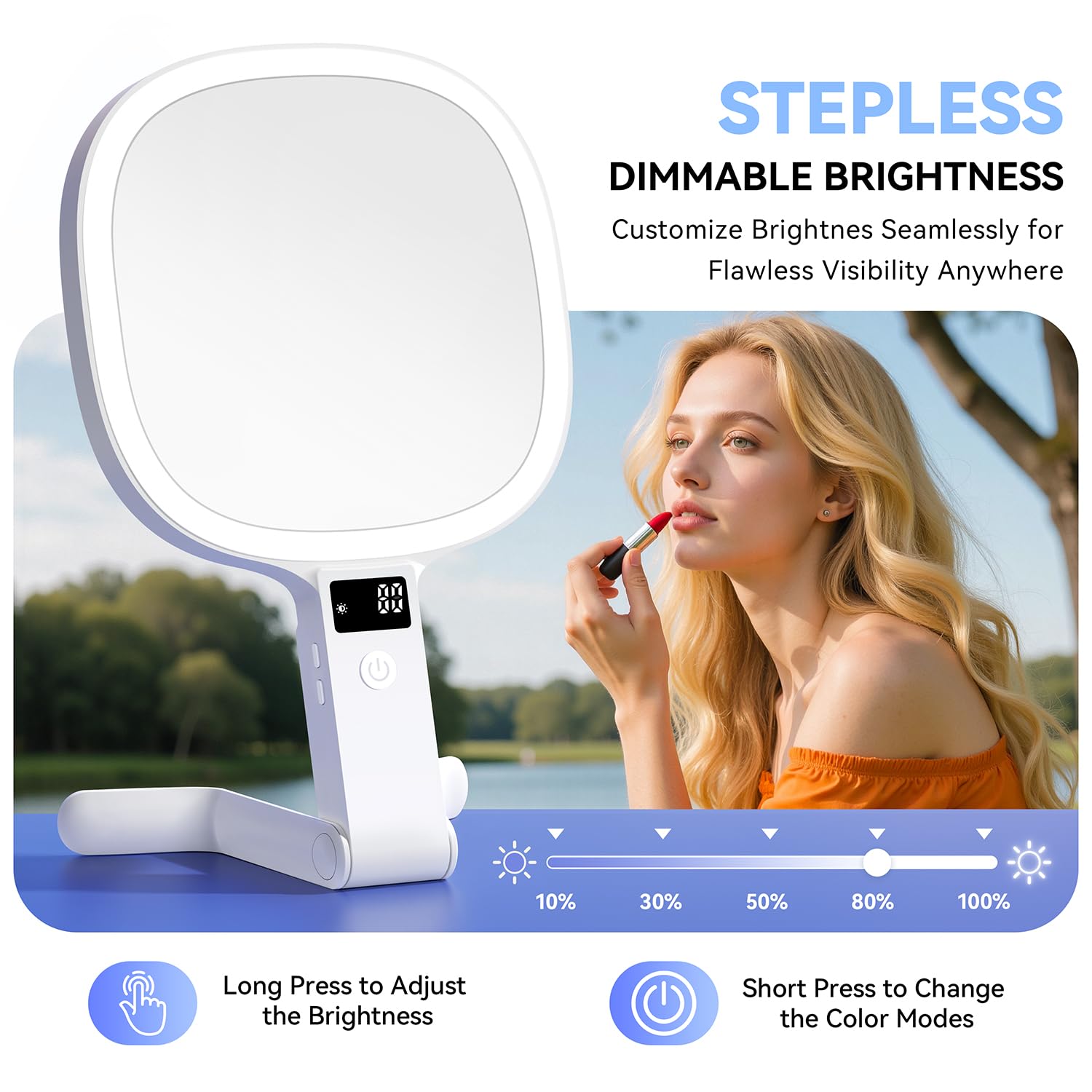 Auxmir Kosmetikspiegel mit Beleuchtung LED Display für Zeit/Akku/Helligkeit, 30X / 1X Schminkspiegel mit 3 Farben, Faltbar Vergrößerungsspiegel Reisespiegel Tischspiegel mit Licht für Zuhause Reise
