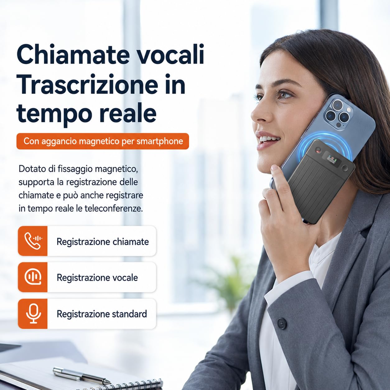 Volovivo Registratore Vocale Smart AI Con Trascrizione Traduzione e Riassunto 64GB Registratore Audio Magnetico Per Riunioni Lezioni e Interviste
