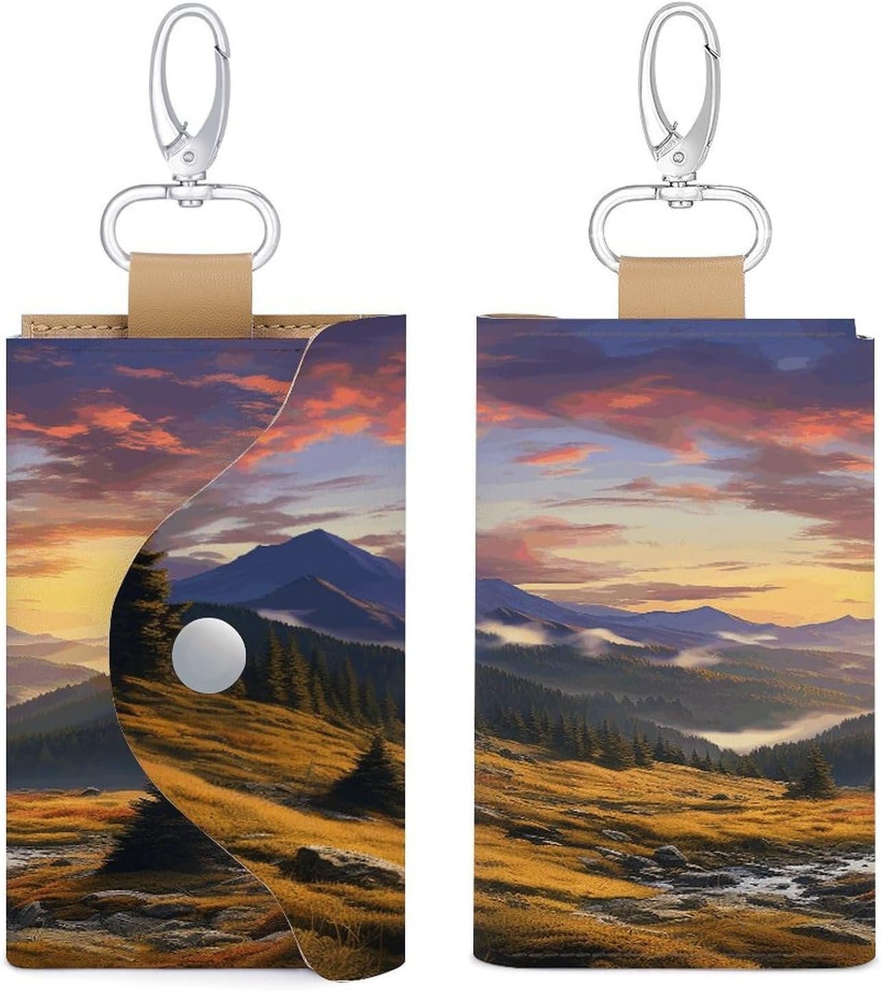 Mountain Sunset Landscape Key Case Leather Car Key Chain Card Holder Wallet Pouch Keys Money Organizer Case Snap Closure