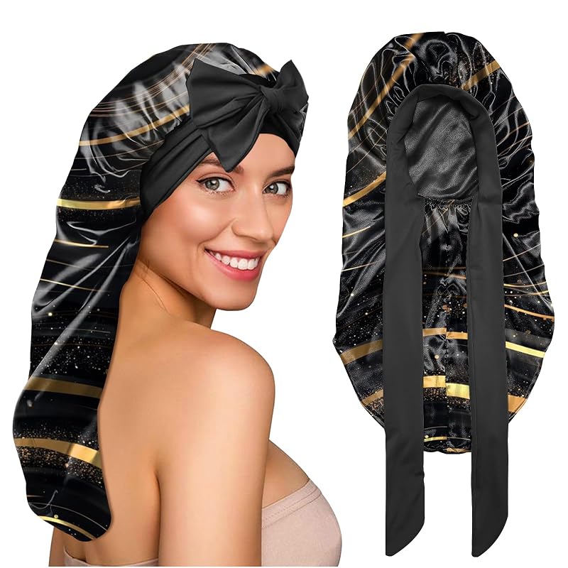 Touca de cetim dupla para cabelos longos BHAHB, ajustável, Black Marble