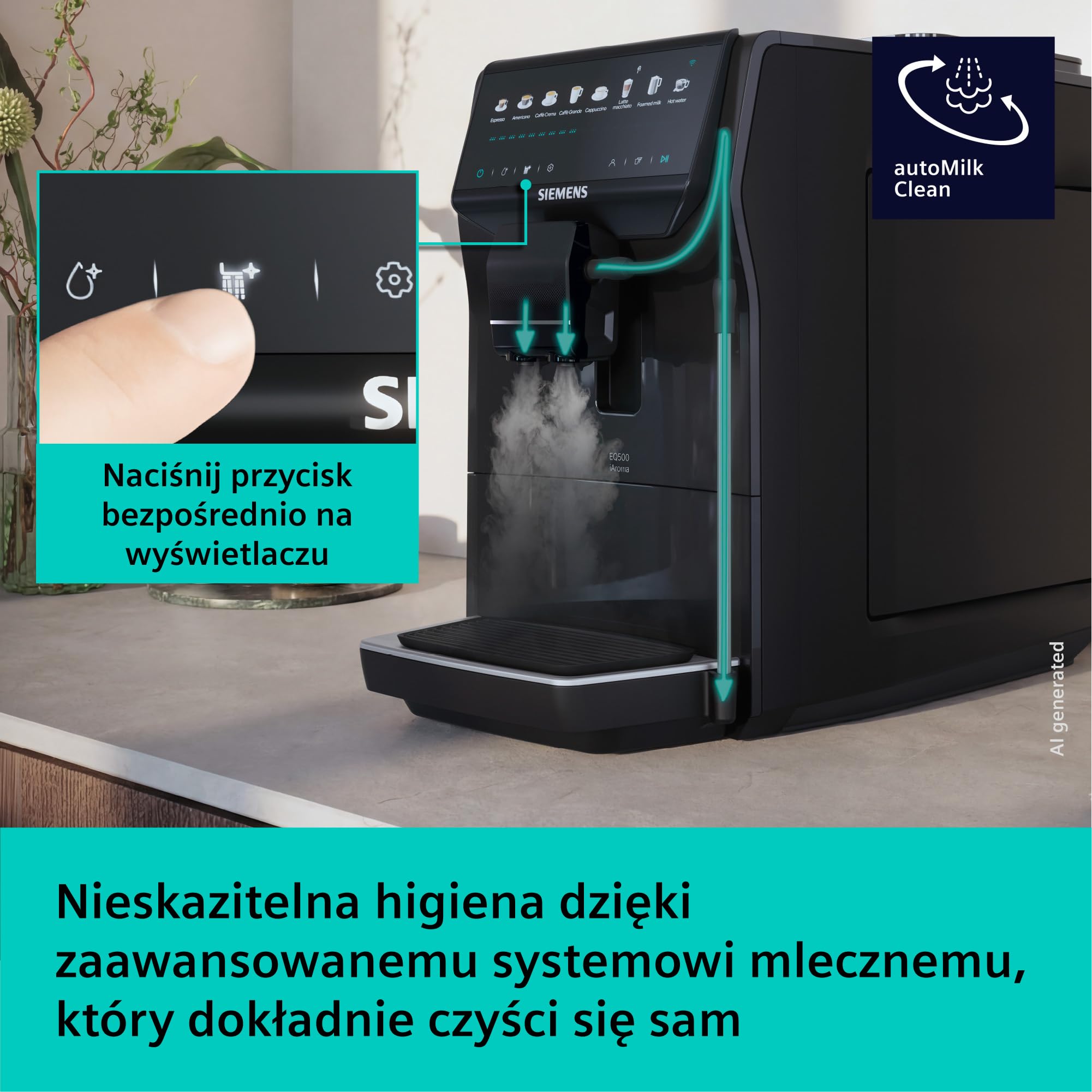 Siemens EQ500 iAroma, w pełni automatyczny ekspres do kawy ze zintegrowanym młynkiem, dotykowe sterowanie dla 8 napojów i szybka personalizacja, łatwe czyszczenie, czarny, TP553E19