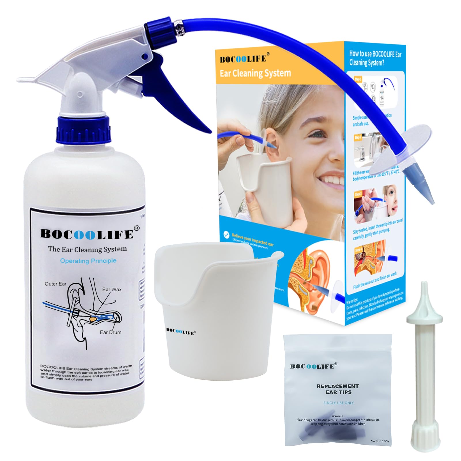 BOCOOLIFE Ear Wax Removal,Earwax Cleaner System, Ear Wax Irrigate Bottle Kit with 3 Tips,Ear Basin
