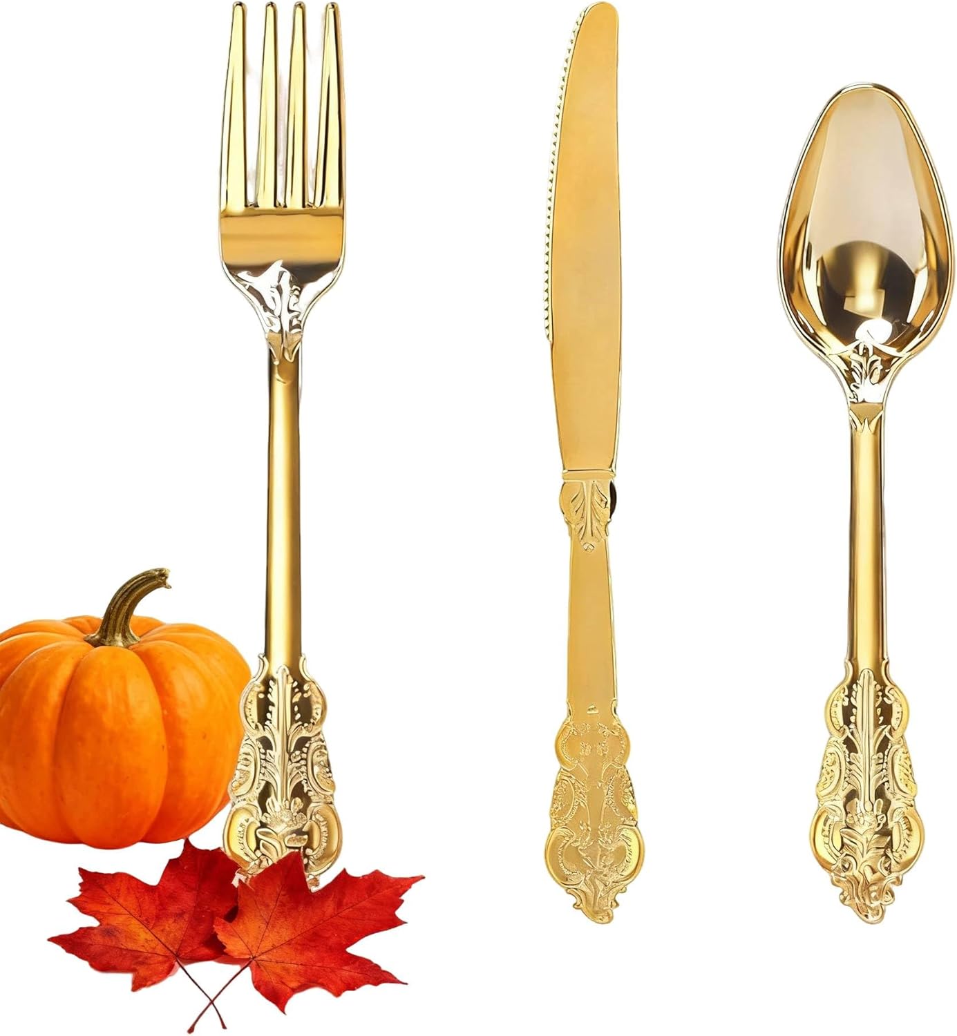 wdf 300 pieces gold plastic silverware disposable - heavy duty thanksgiving plastic cutlery - gold silverware sets includes 100 forks, 100 spoons, 100 knives gold - baroque