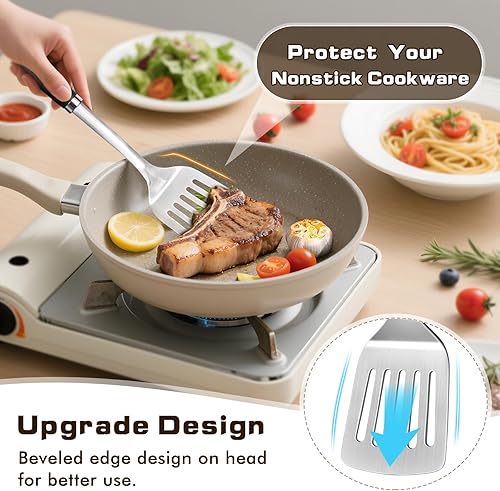 Miniatura 5 de Juego de 4 utensilios de cocina de acero inoxidable, herramientas de cocina de metal resistentes al calor, incluye espátula Wok sólida y ranurada,